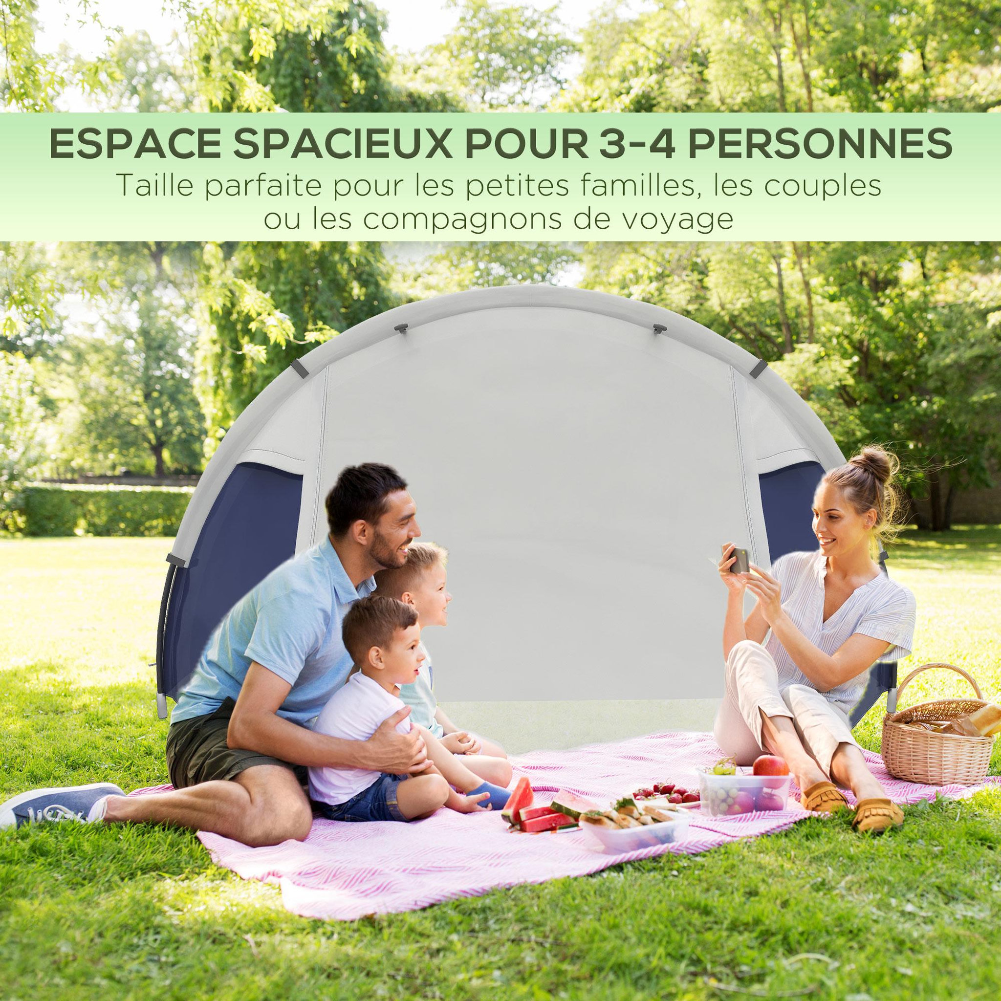 Voir la diapositive 4 : OUTSUNNY Tente de camping 3-4 pers.  - 2 portes - dim. 3,2l x 2,4l x 1,3h m - sac transport inclus - bleu gris