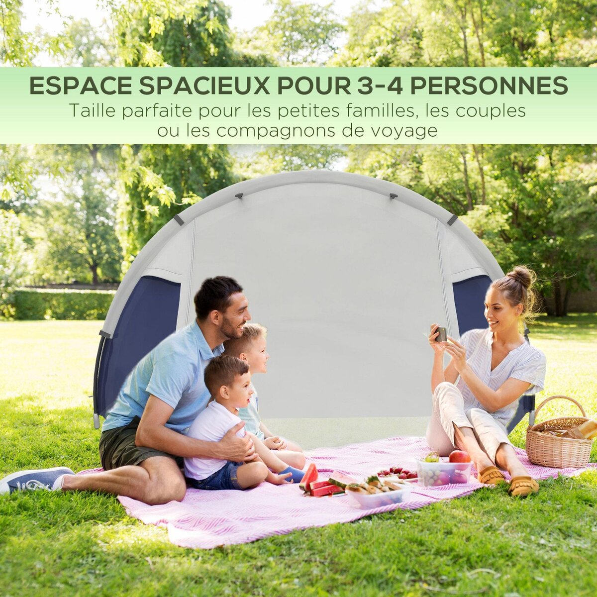 OUTSUNNY Tente de camping 3-4 pers.  - 2 portes - dim. 3,2L x 2,4l x 1,3H m - sac transport inclus - bleu gris