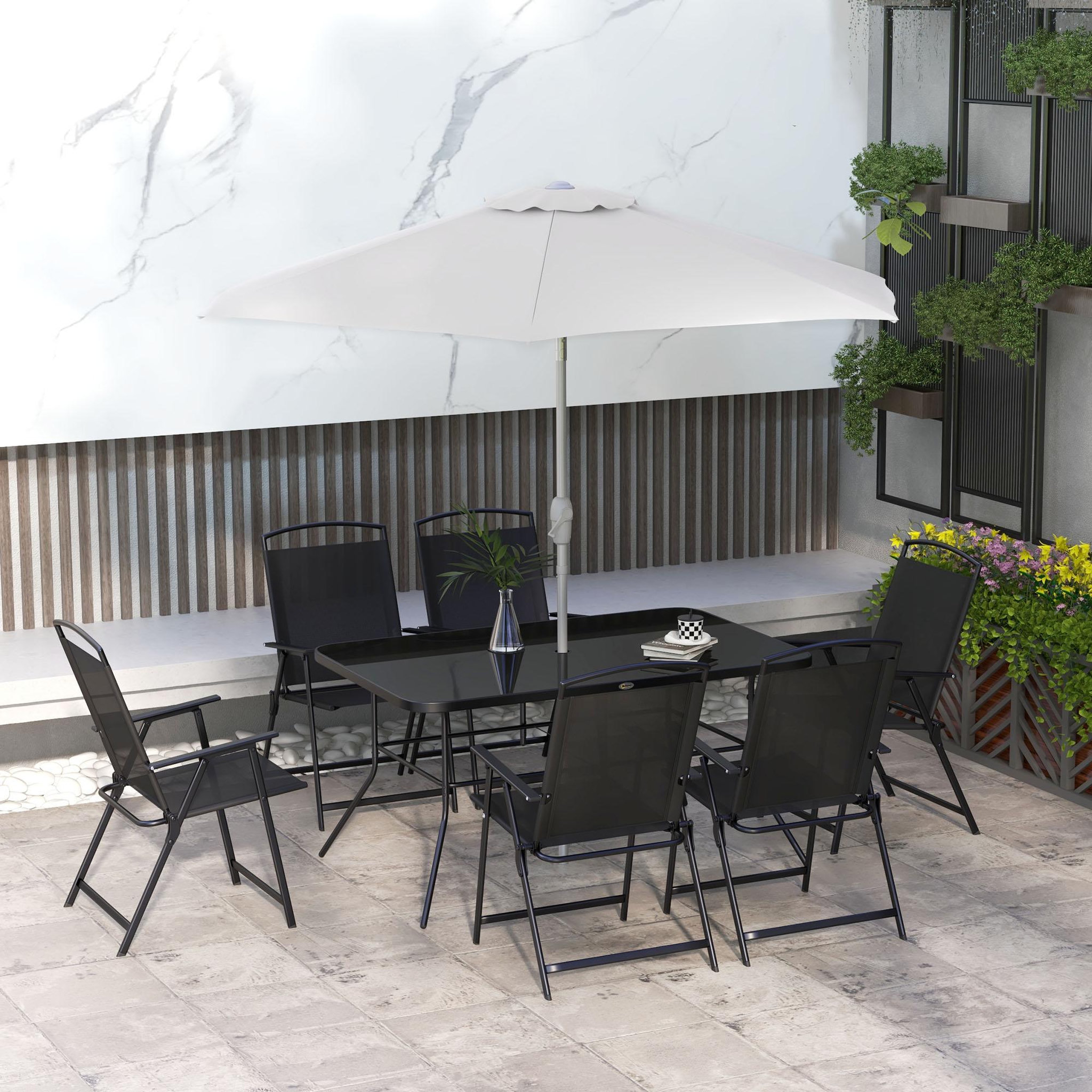 Voir la diapositive 4 : OUTSUNNY Ensemble salon de jardin 6 places 8 pièces - parasol, table, 6 chaises pliantes - métal époxy textilène polyester noir gris