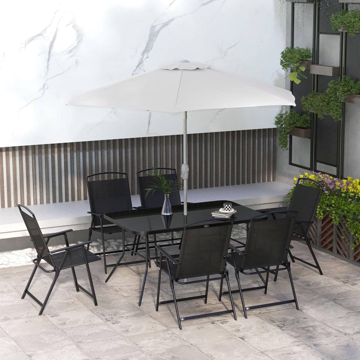 OUTSUNNY Ensemble salon de jardin 6 places 8 pièces - parasol, table, 6 chaises pliantes - métal époxy textilène polyester noir gris