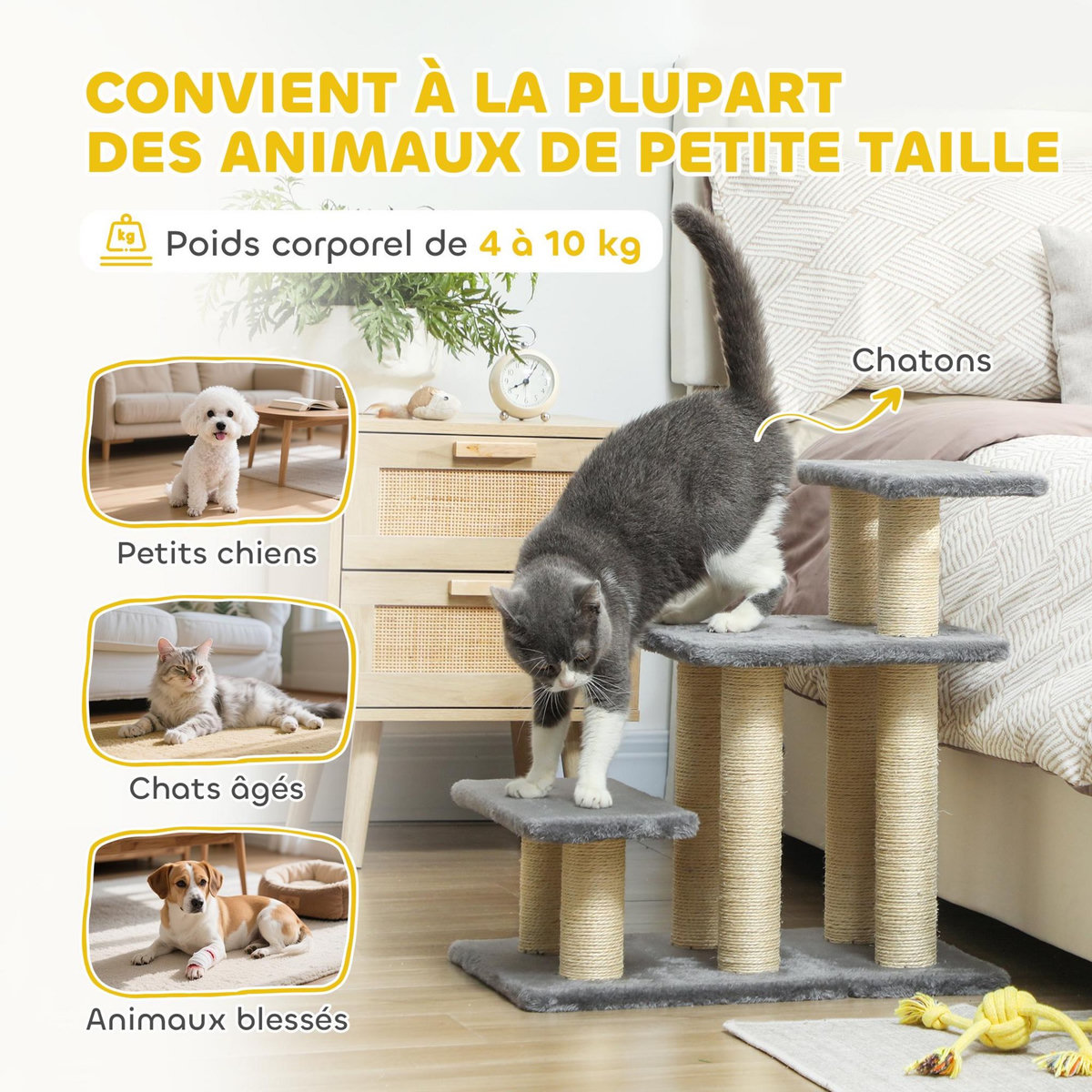 PAWHUT Escalier pour chat 3 marches - 6 poteaux griffoirs, jeu boule suspendue - sisal peluche gris