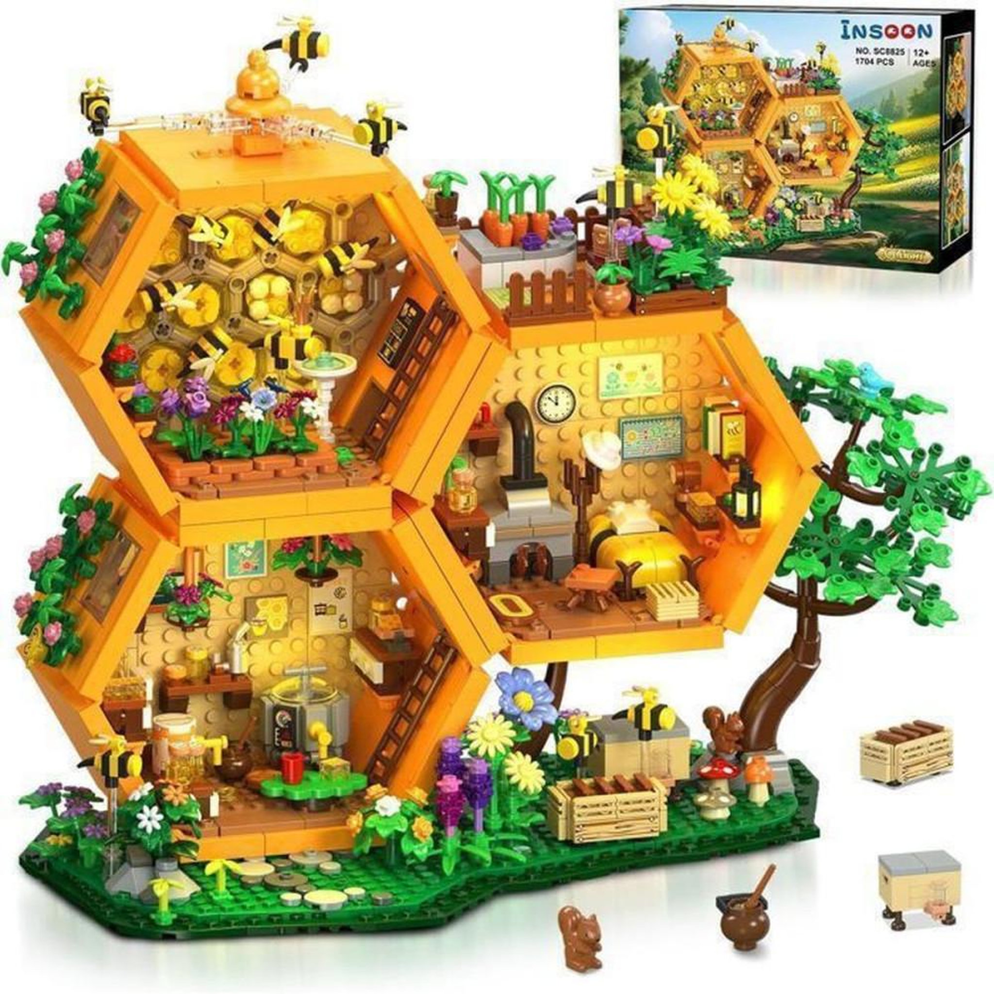 Jeu de construction Maison des Abeilles 1704 pièces ABS avec LEDs, cabane dans un arbre et atelier du miel