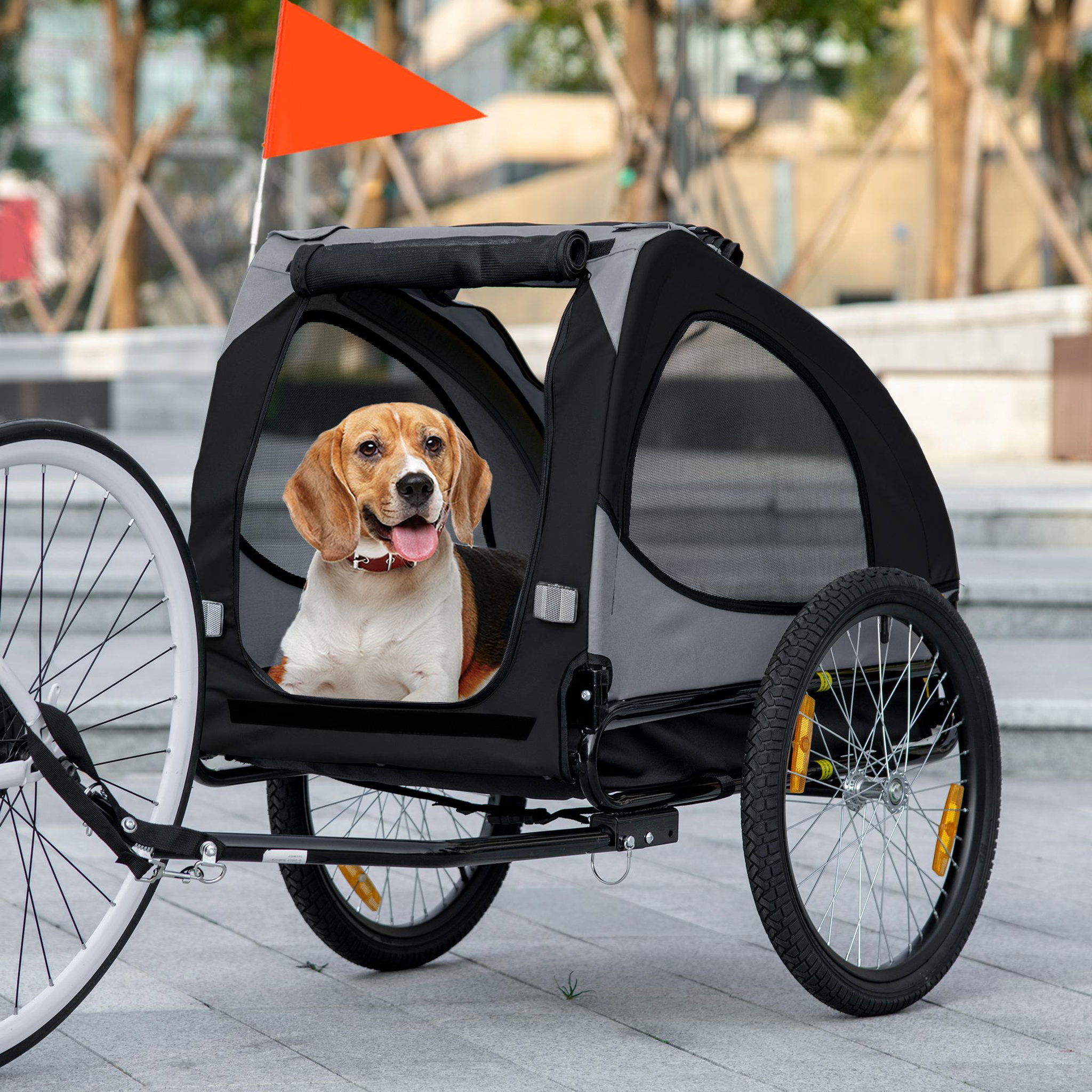 Voir la diapositive 2 : PAWHUT Remorque vélo pour chien 20 kg pliable barre attelage fixation réflecteurs drapeau noir