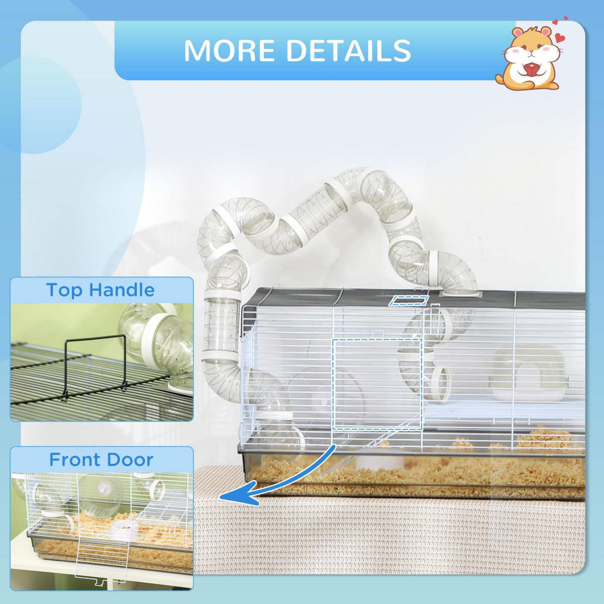 PAWHUT Cage rongeur hamster - tunnel, poignée, accessoires - plastique acier gris blanc