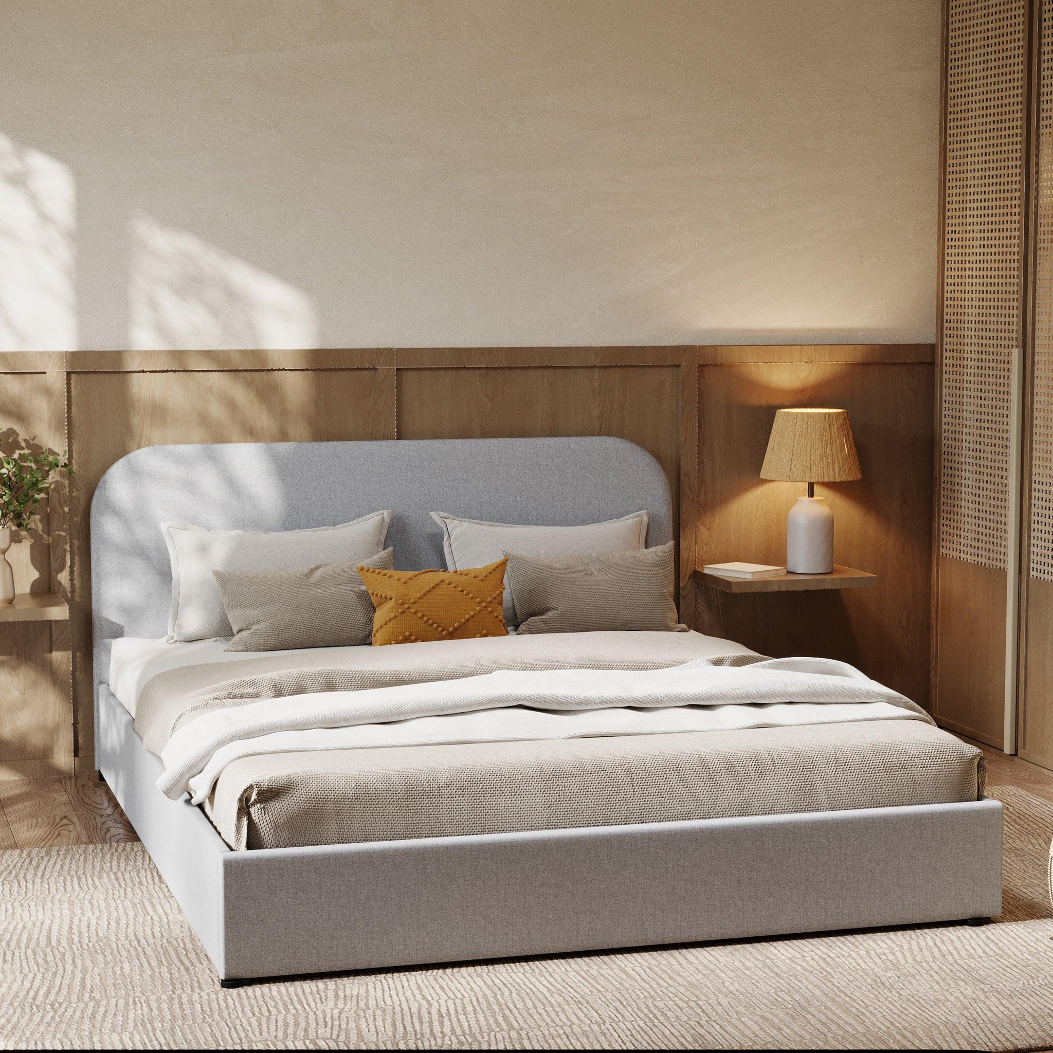 Voir la diapositive 2 : MAISON PAVANE Lit double 160x200 cm avec coffre en tissu gris-tilly