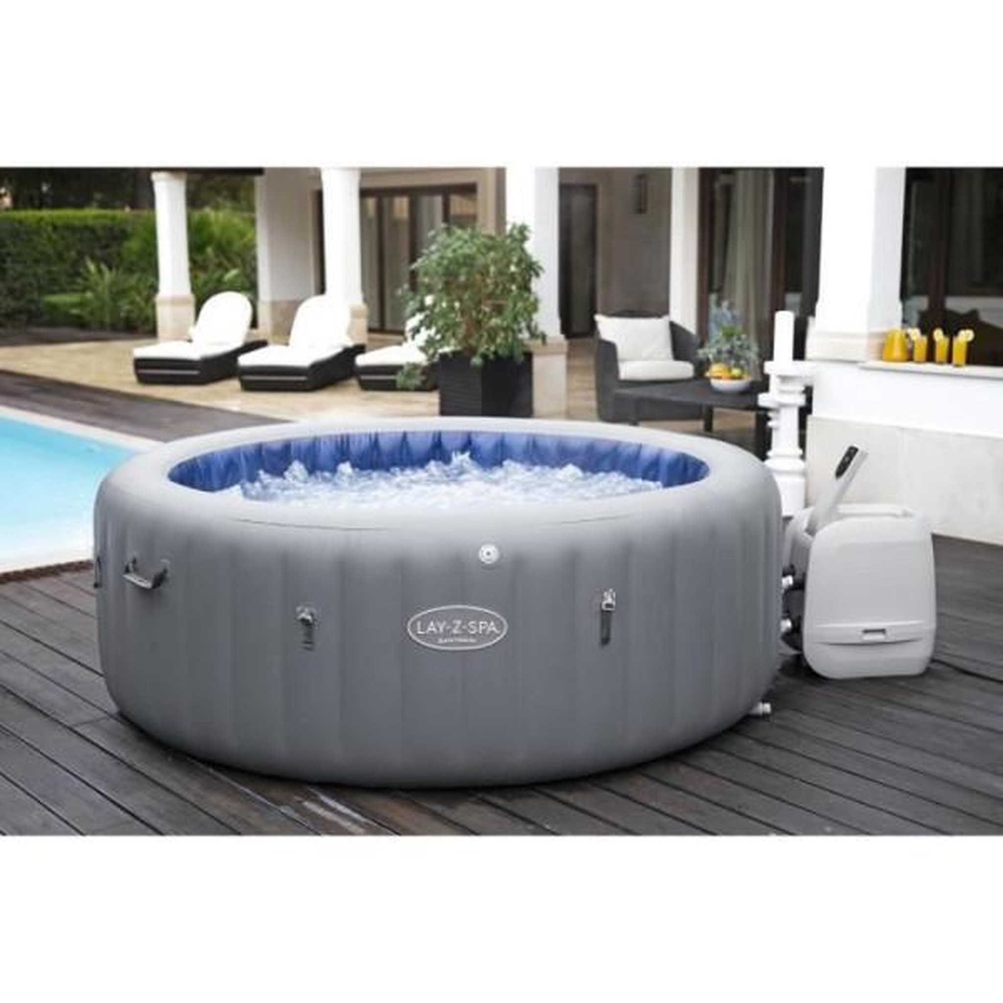 Voir la diapositive 2 : BESTWAY Spa gonflable BESTWAY - Lay-Z-Spa Santorini - 5 a 7 places -Rond (Livré avec 5 appuie-tete rembourrés + 2 LED a eau ColorJet)
