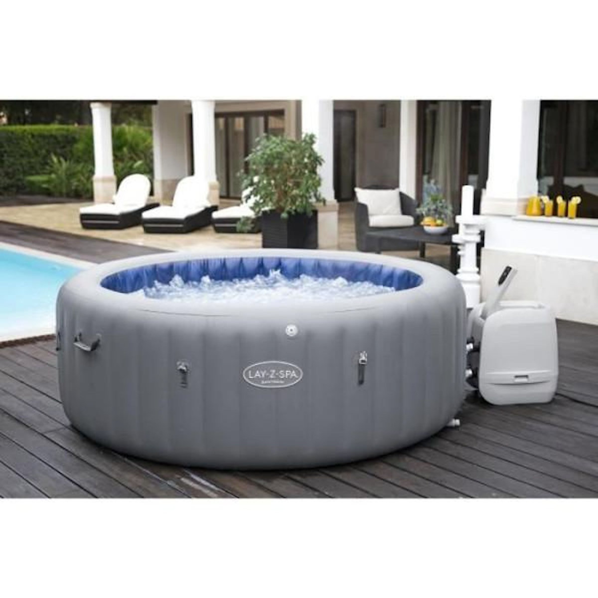 BESTWAY Spa gonflable BESTWAY - Lay-Z-Spa Santorini - 5 a 7 places -Rond (Livré avec 5 appuie-tete rembourrés + 2 LED a eau ColorJet)