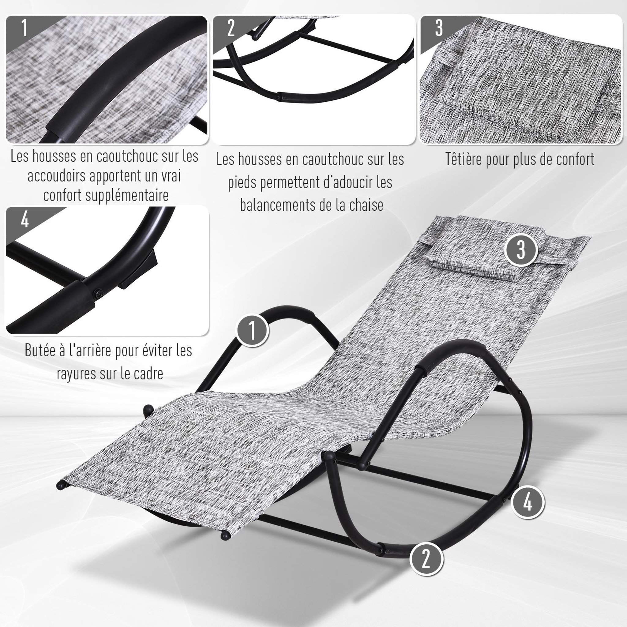 Voir la diapositive 5 : OUTSUNNY Chaise longue à bascule rocking chair design contemporain dim. 160L x 61l x 79H cm métal textilène gris chiné