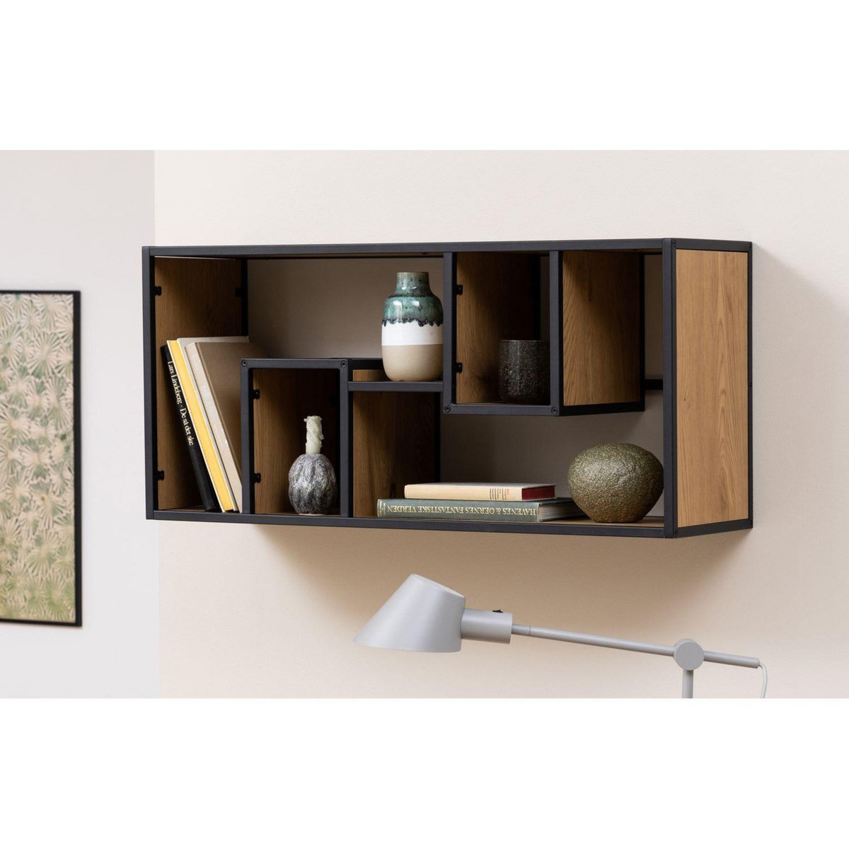 TOILINUX Etagère murale 4 niches en MDF et Métal - L.95cm x P.35cm x H.45cm - Beige et Noir
