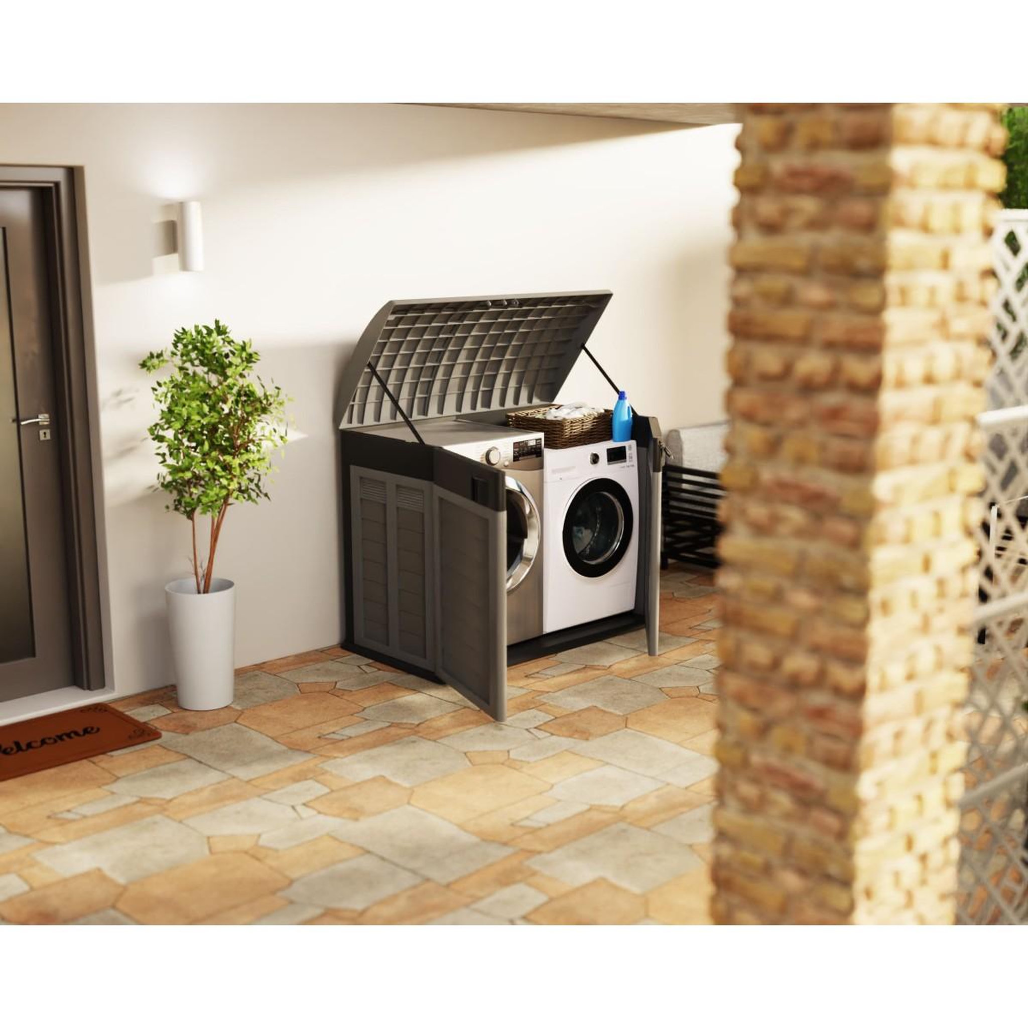 Voir la diapositive 2 : INTEC Coffre de jardin 2 portes + couvercle gris - tri sélectif extérieur 146 x 87 x h119 cm abri poubelle 1500l intec