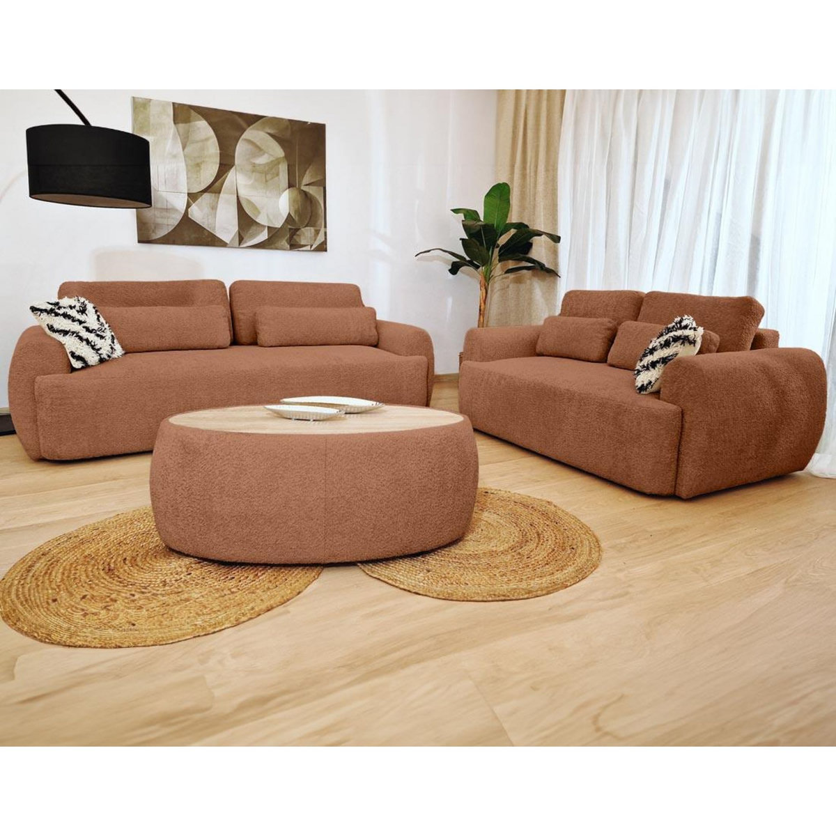 BEST MOBILIER Mahina - table basse ovale - en tissu bouclette et plateau effet bois - 114 cm