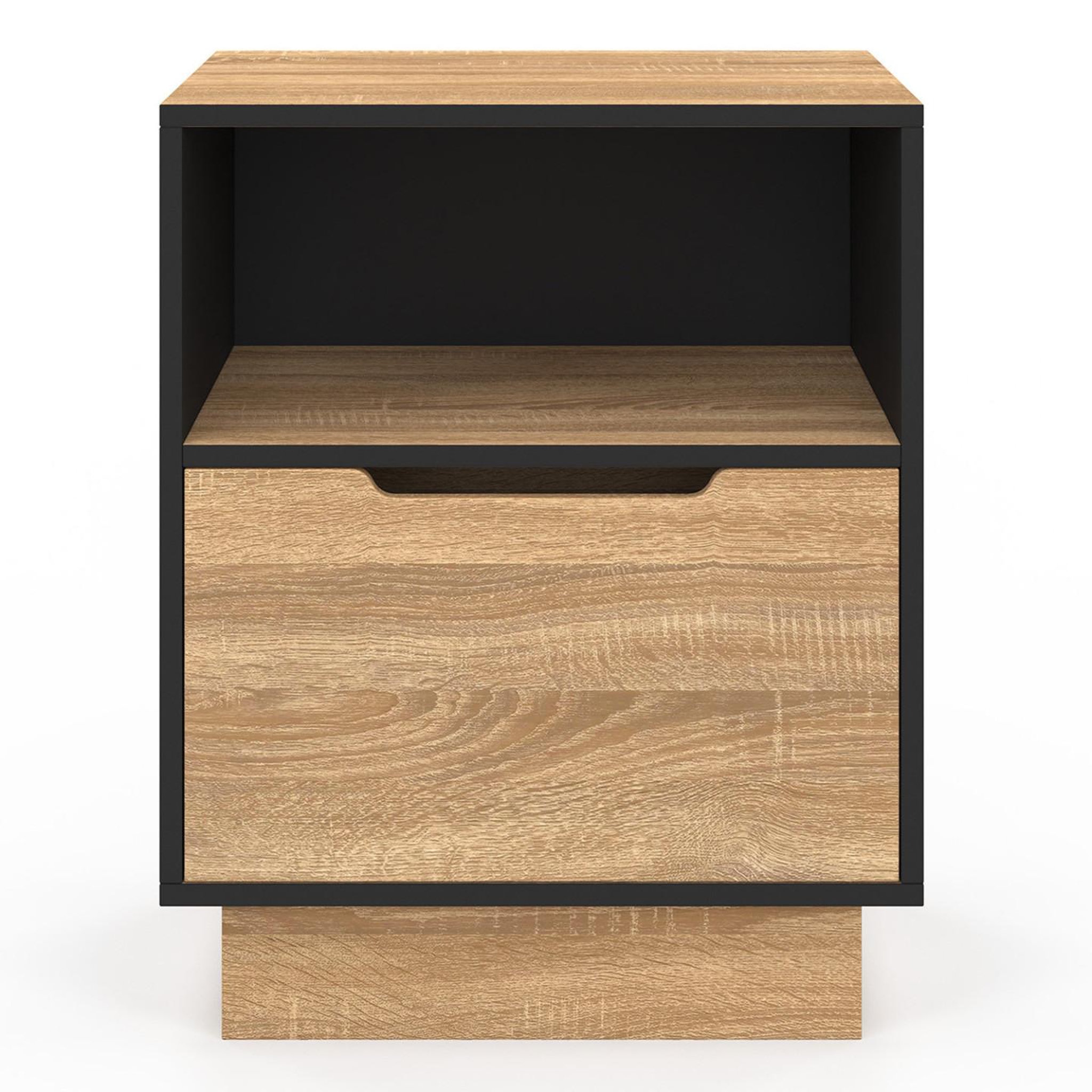 Voir la diapositive 3 : ID MARKET Lot de 2 tables de chevet oxana 1 tiroir avec niche façon hêtre et noir