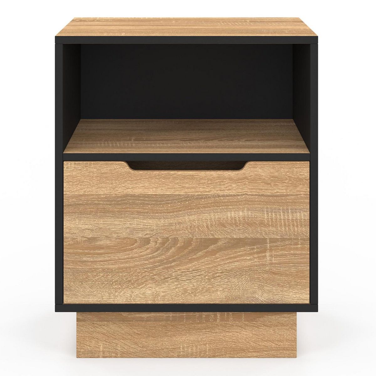 ID MARKET Lot de 2 tables de chevet OXANA 1 tiroir avec niche façon hêtre et noir