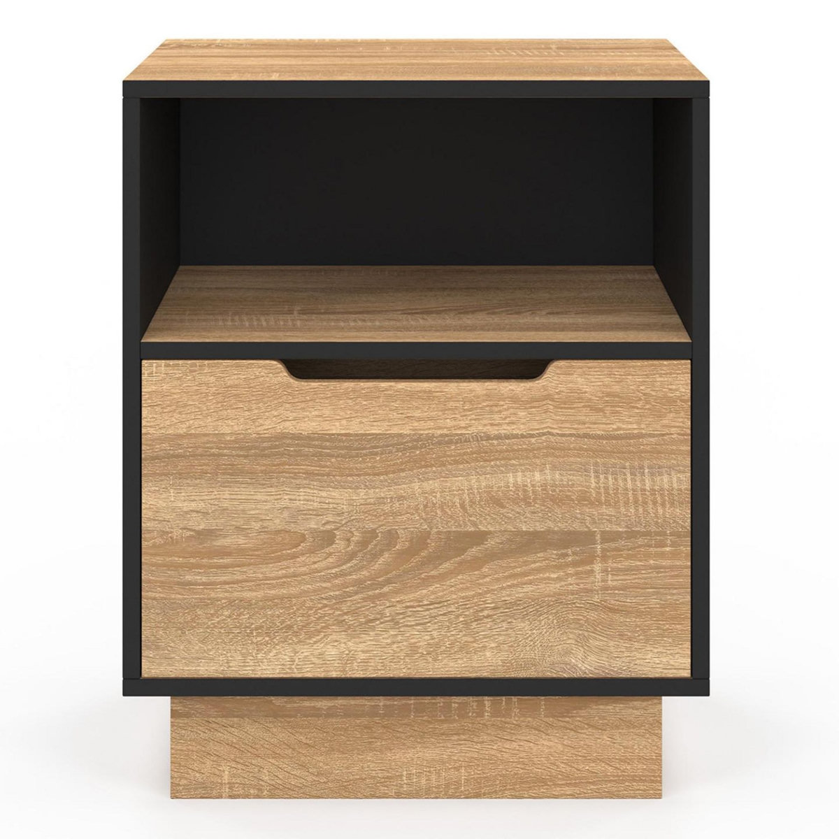 ID MARKET Lot de 2 tables de chevet OXANA 1 tiroir avec niche façon hêtre et noir