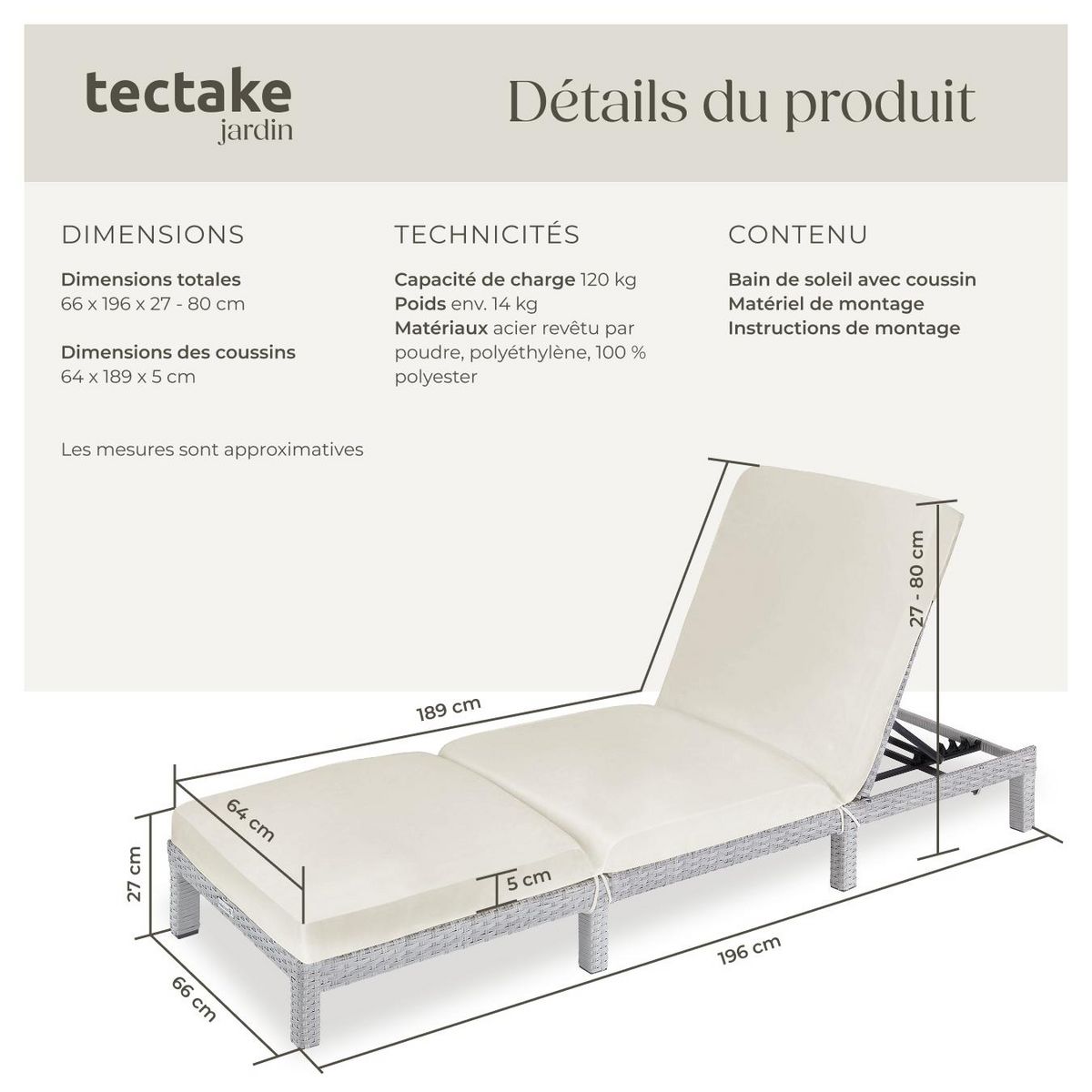 tectake Bain de soleil Transat en rotin Robuste gris clair