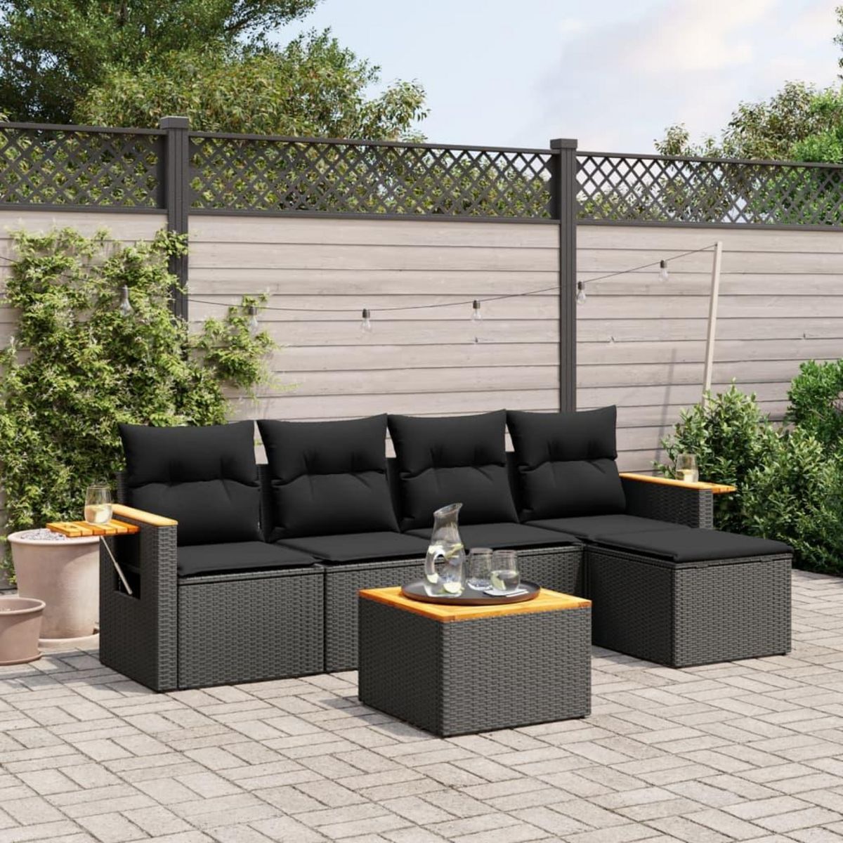 VIDAXL Salon de jardin 6 pcs avec coussins noir resine tressee