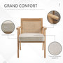 Voir la diapositive 5 : HOMCOM Fauteuil lounge avec coussin - dossier en cannage - assise profonde - accoudoirs - structure bois hévéa - aspect lin beige