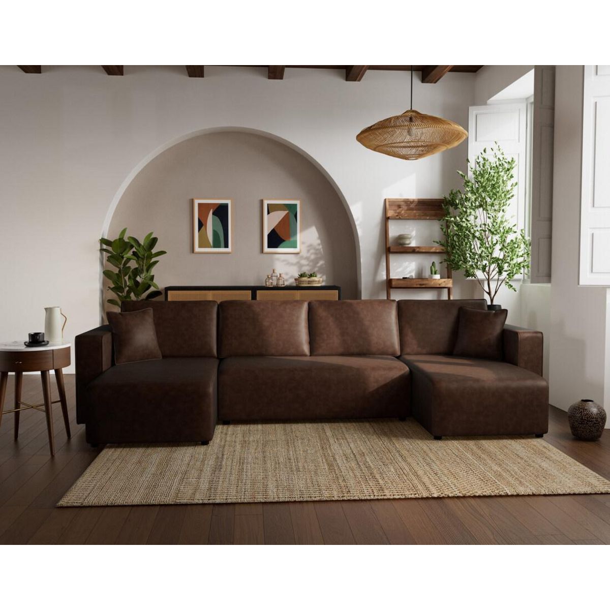 BEST MOBILIER Topaze - canapé panoramique en u 7 places convertible avec coffre en simili