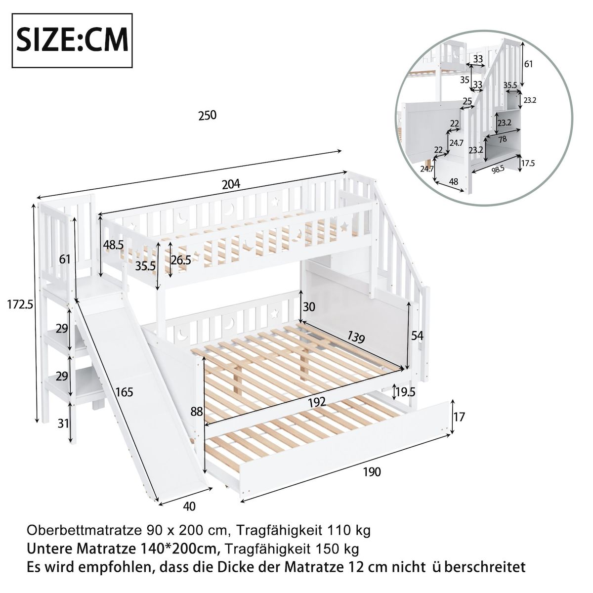 MERAX Lit superposé 140x200(90x200) cm coloris blanc bois massif