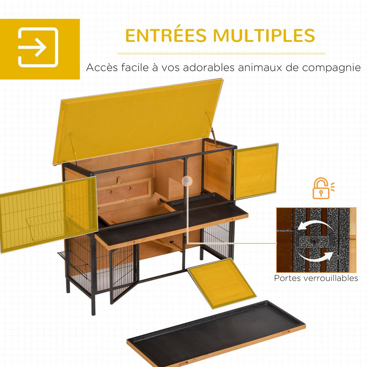 PAWHUT Clapier à lapin 2 niveaux cloisonnables - niche, rampe, plateaux, rateliers, portes - métal époxy bois pré-huilé