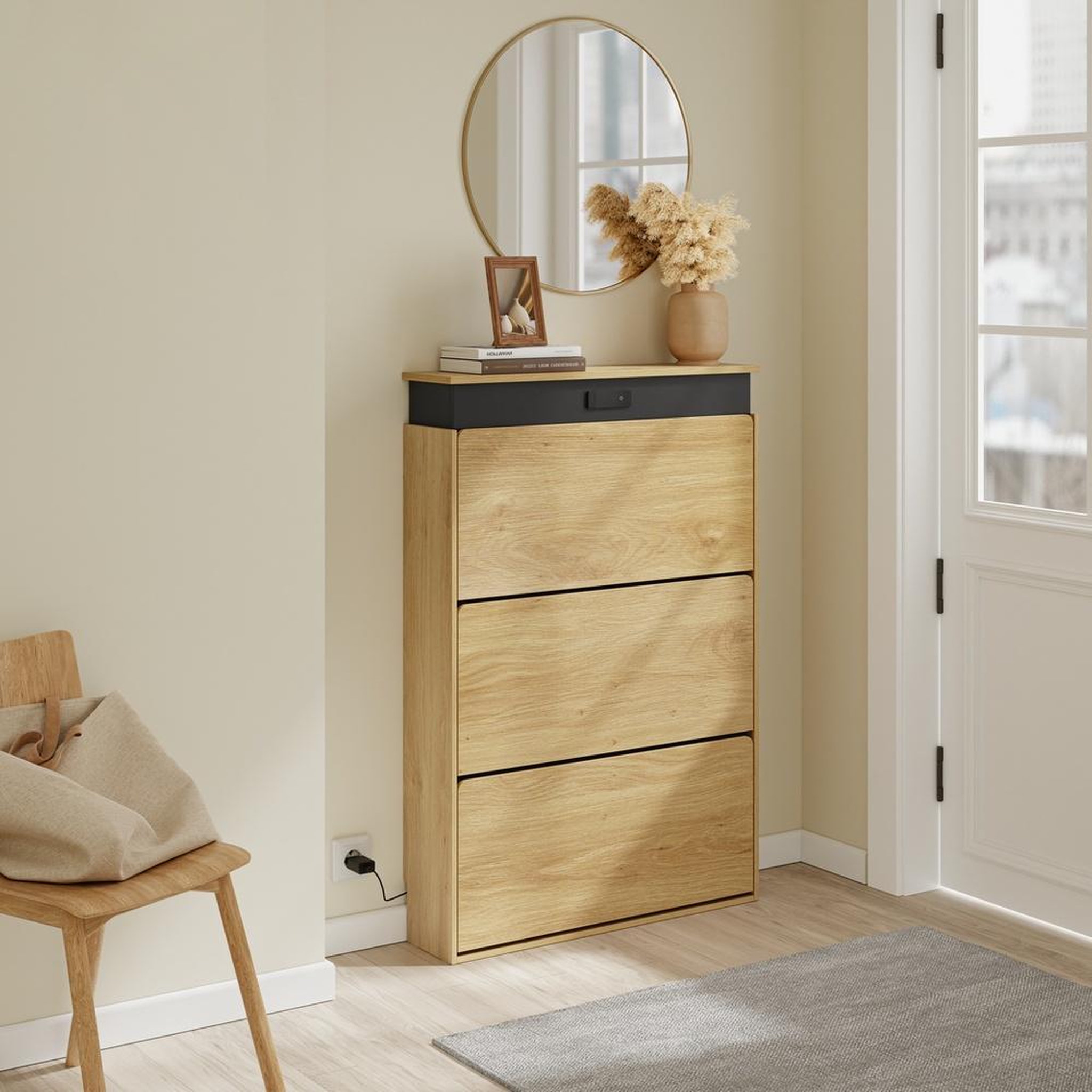 Voir la diapositive 2 : SOBUY Armoire à chaussures 3 portes rabattables avec séchage led chêne clair 78x19x115,4cm