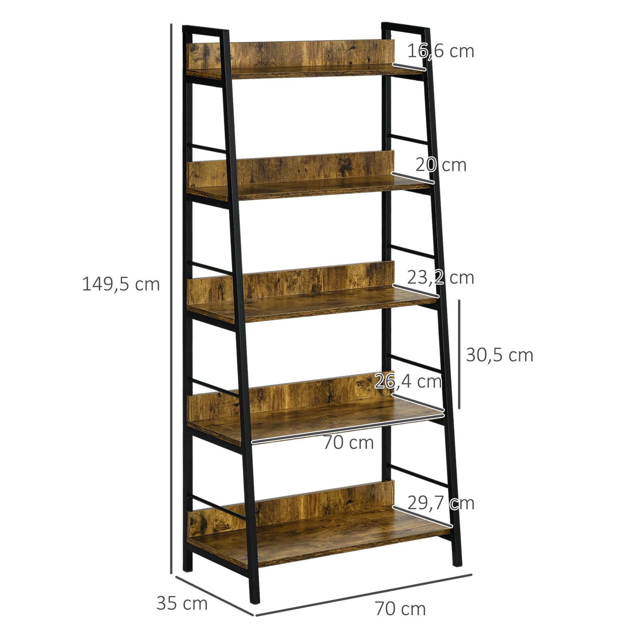 Voir la diapositive 3 : HOMCOM Étagère bibliothèque style industriel incliné 5 niveaux 70L x 35l x 150H cm coloris bois vieilli noir
