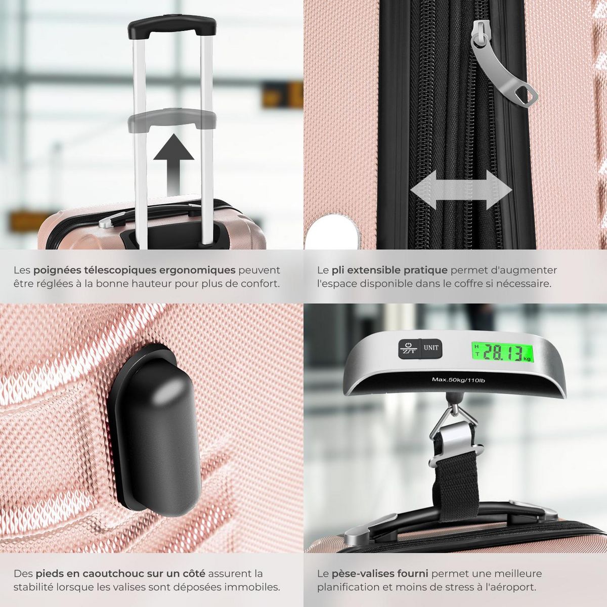 tectake Set de valises rigides 4 pièces en plastique ABS robuste, pèse-bagages et une étiquette de valise incluses or rose