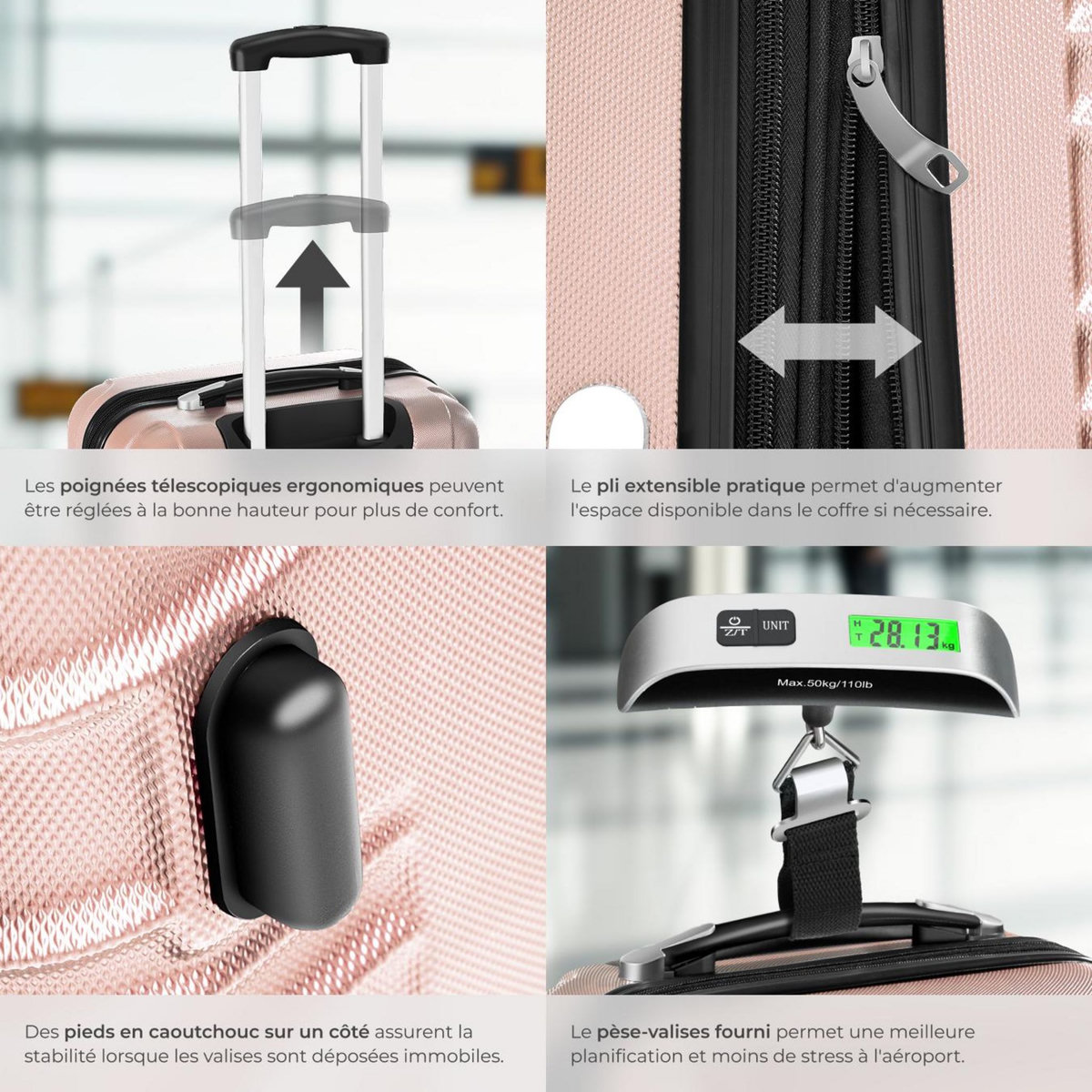 tectake Set de valises rigides 4 pièces en plastique ABS robuste, pèse-bagages et une étiquette de valise incluses or rose