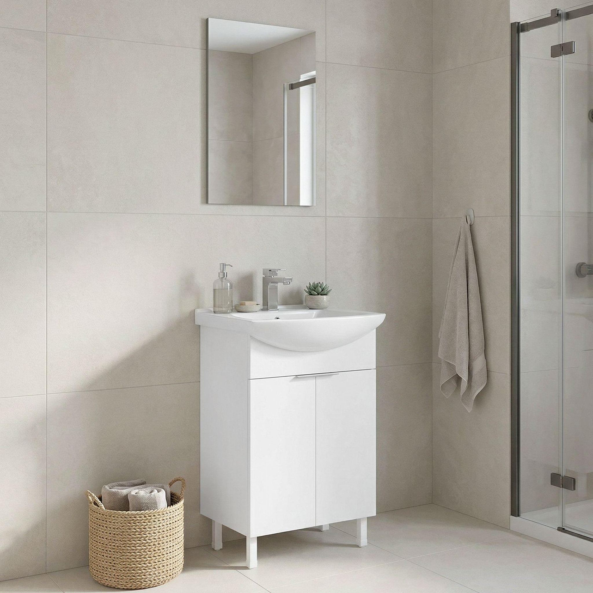 Voir la diapositive 2 : Habitat et Jardin Meuble avec simple vasque et miroir  Purus 55  - 55 x 2 x 83 cm - White
