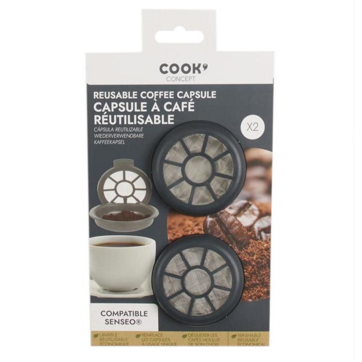 Paris Prix Lot de 2 Capsules à Café  Réutilisables  6cm Gris