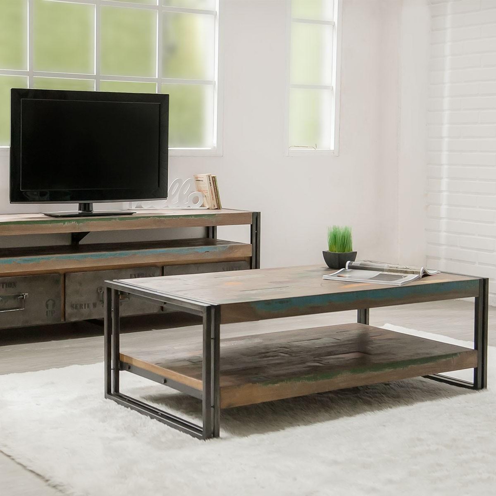 Voir la diapositive 3 : Paris Prix Table basse rectangulaire en teck industriel  loft  120cm marron