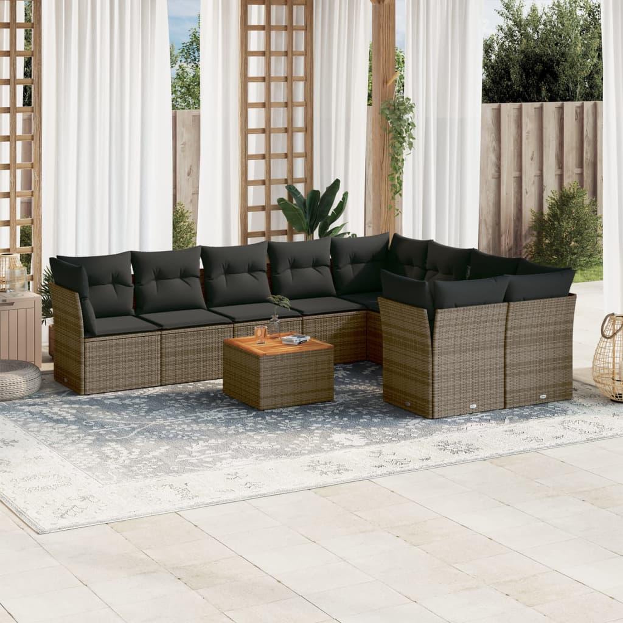 VIDAXL Salon de jardin avec coussins 10 pcs gris resine tressee