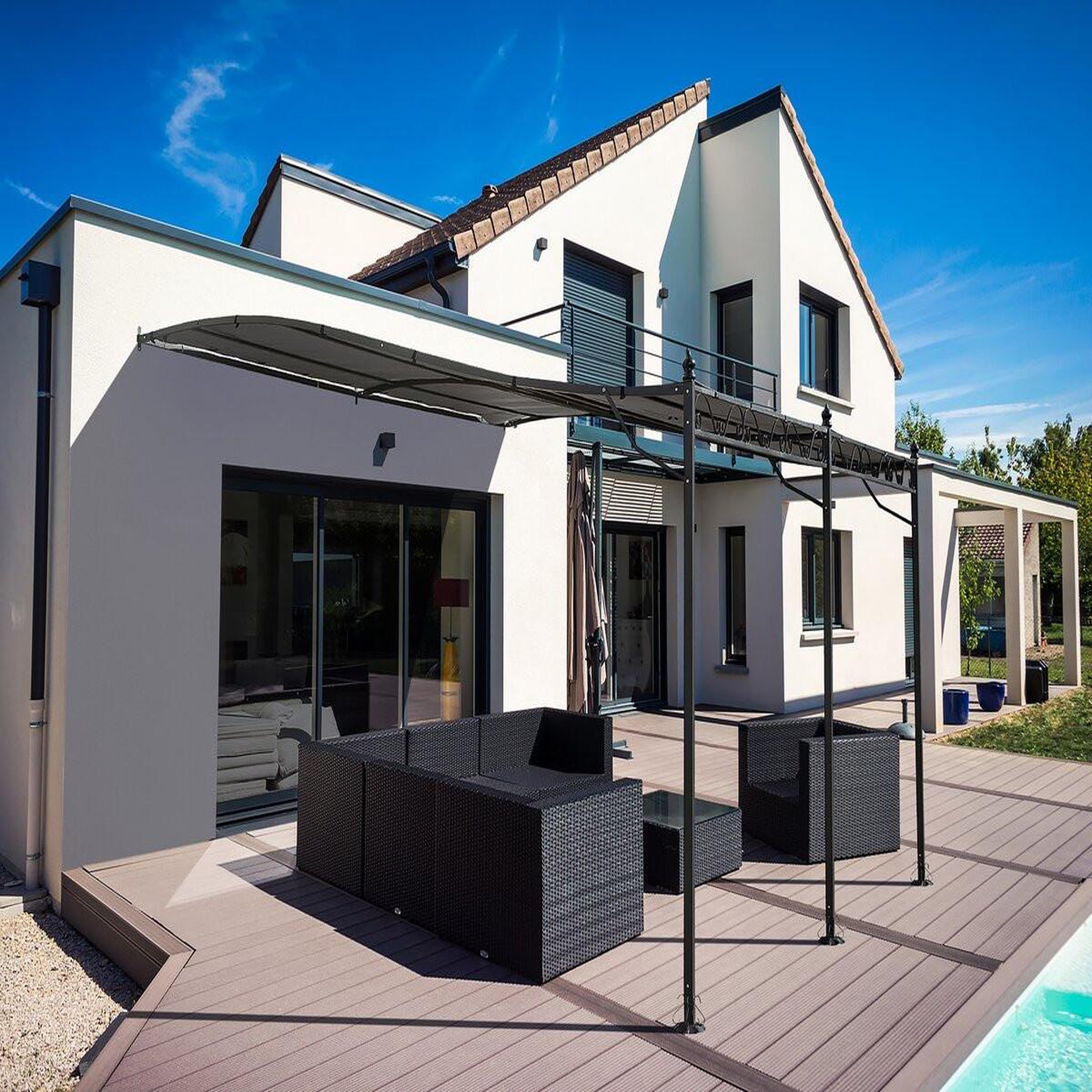 Voir la diapositive 2 : Habitat et Jardin Pergola tonnelle adossée en métal - 3 x 4 m - gris