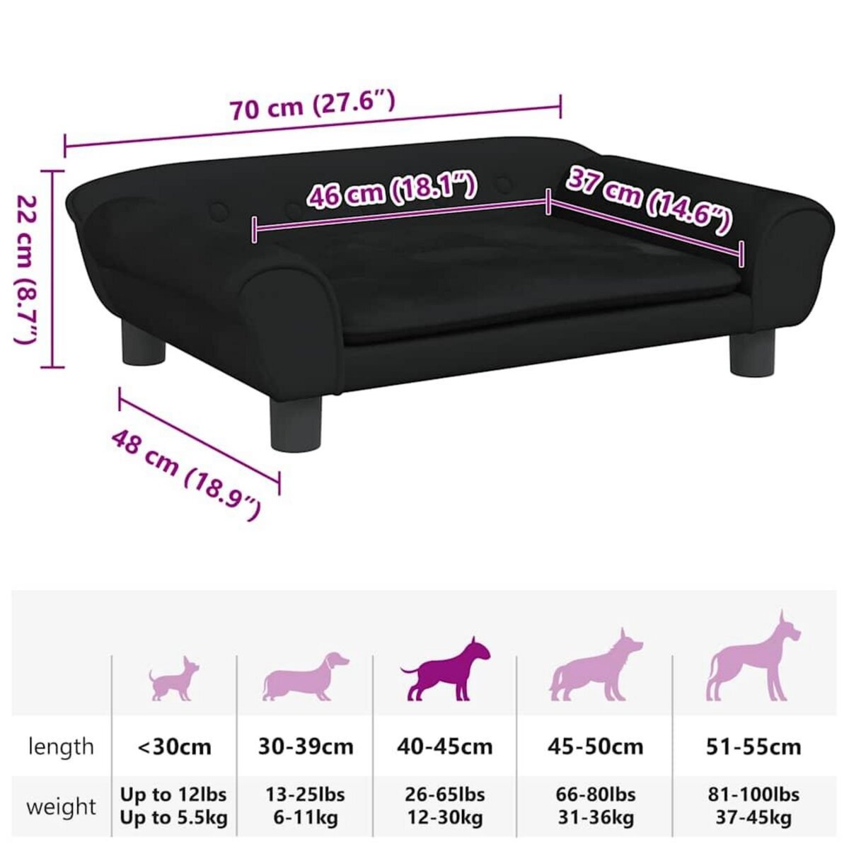 VIDAXL Lit pour chien noir 70x48x22 cm velours