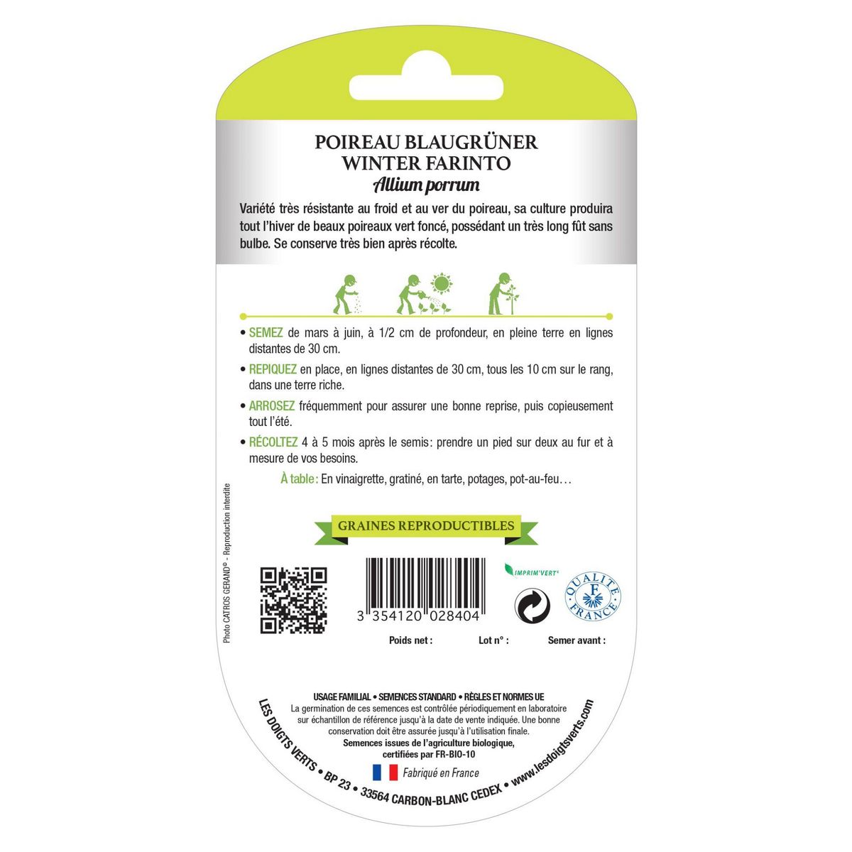 LES DOIGTS VERTS Graines de poireau d'hiver Farinto BIO Les Doigts Verts