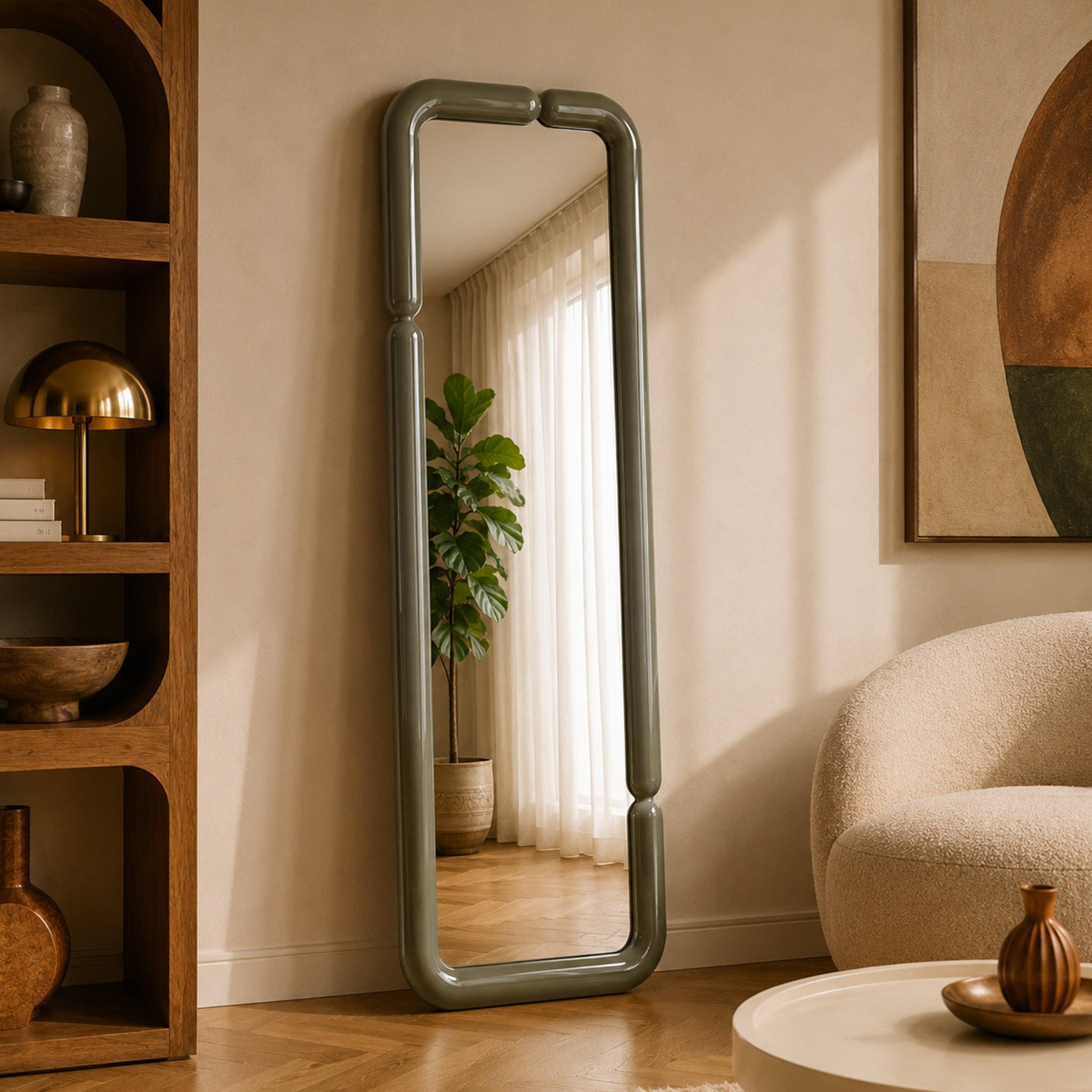 Voir la diapositive 2 : MAISON PAVANE Miroir rectangulaire laqué vert kaki 160 x 60 cm-Silk