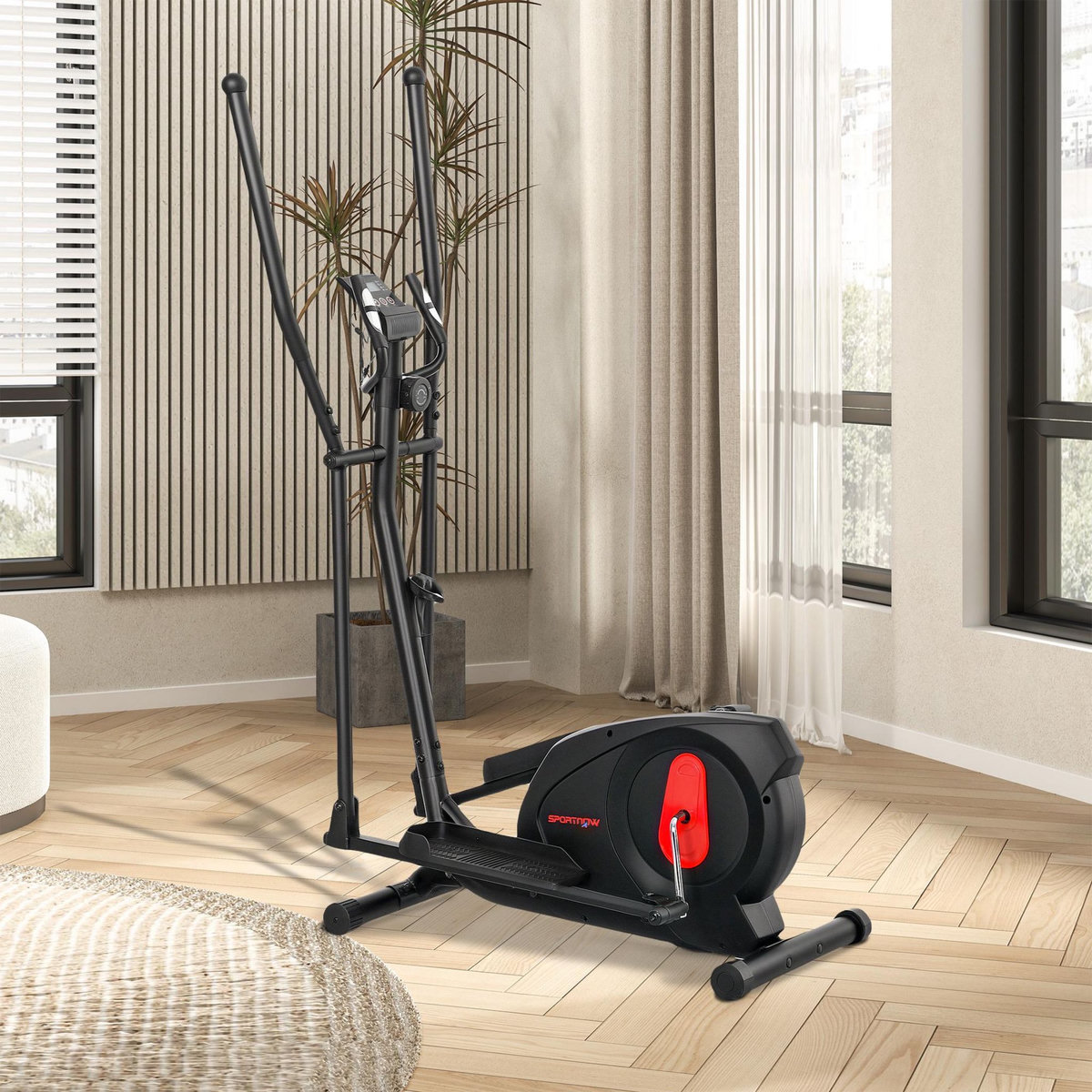 HOMCOM Vélo elliptique magnétique 8 niveaux résistance écran LED multifonction roulettes déplacement rouge noir