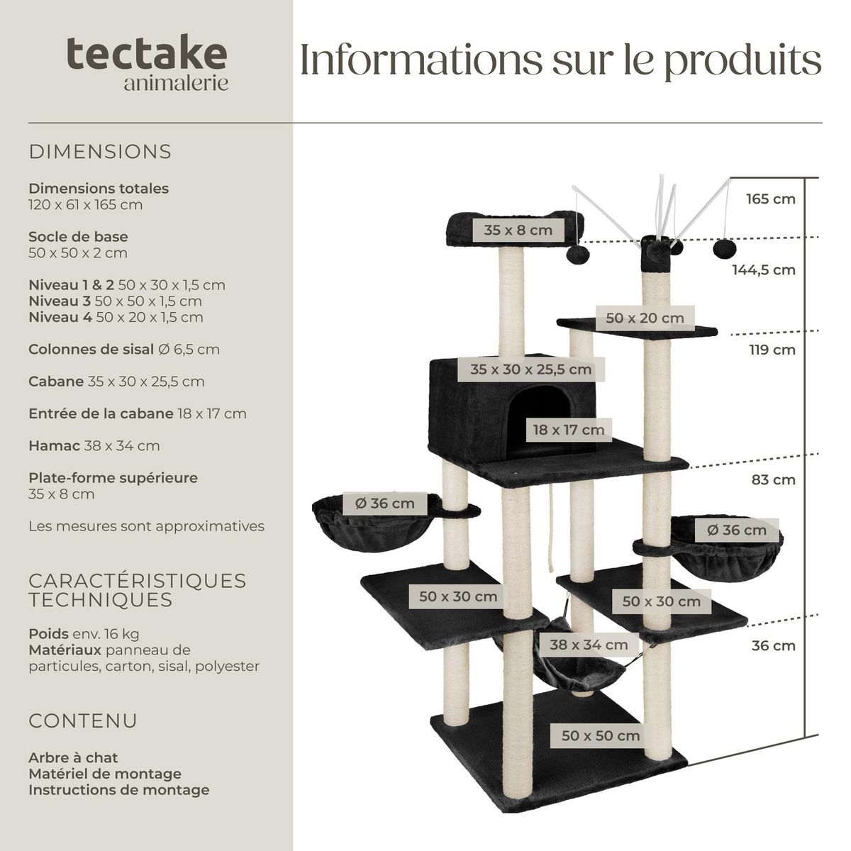tectake Arbre à chat 165 cm avec griffoir et plateforme d'escalade noir