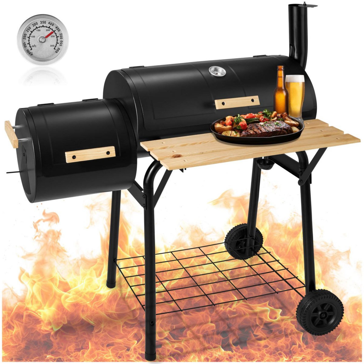 tectake Barbecue charbon 2 cuves avec thermomètre 3-en-1 pour grillades, fumage, cuisson, sur 2 roues noir