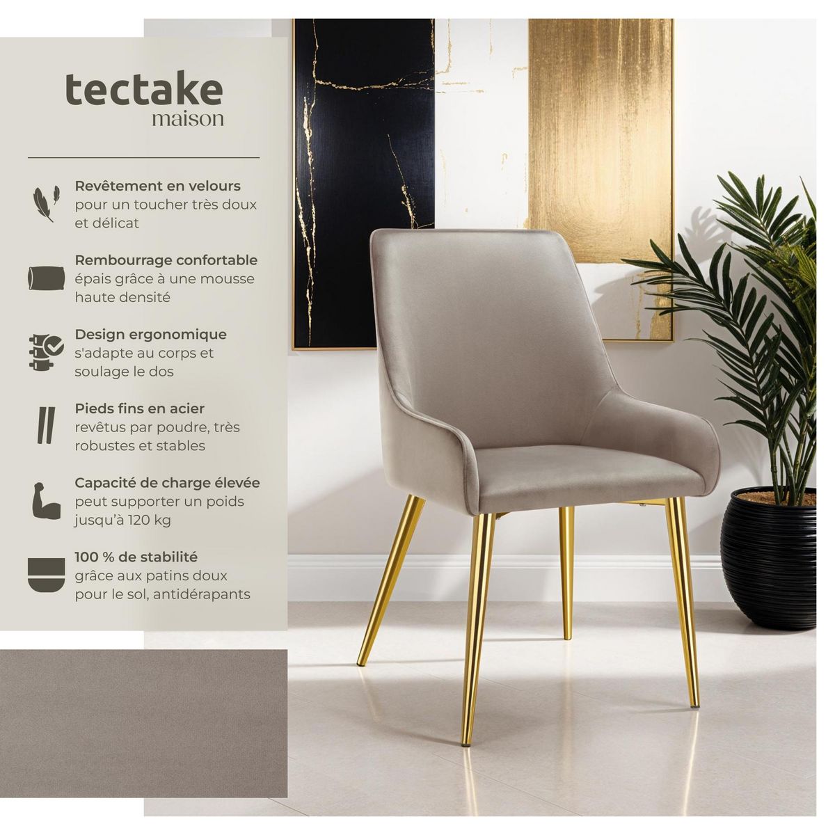 tectake Chaise rembourrée en velours rembourré taupe Lot de 4