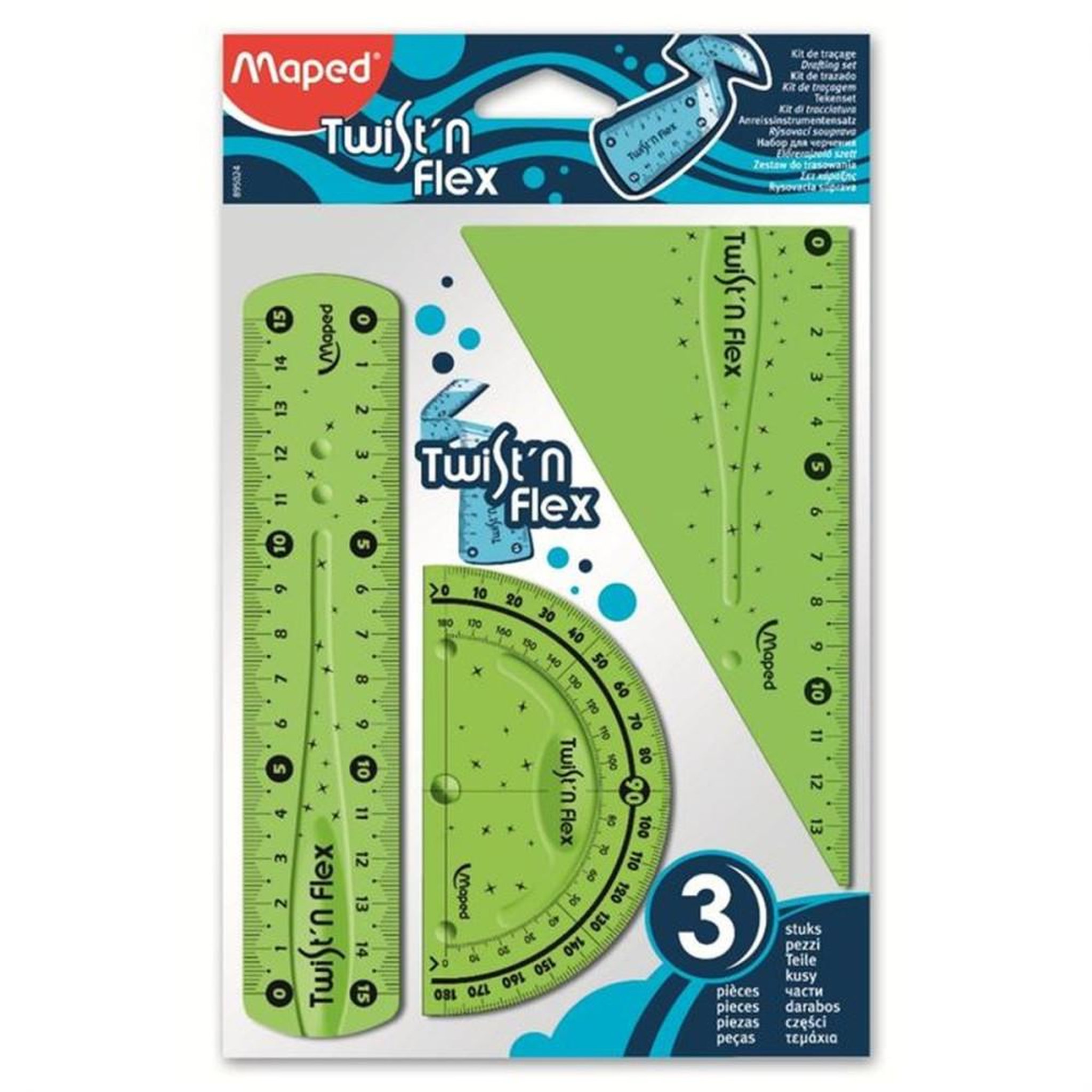 MAPED Kit de traçage 3 pièces Twist'n'Flex : règle 15 cm, rapporteur 180° et équerre 60°, plastique souple incassable