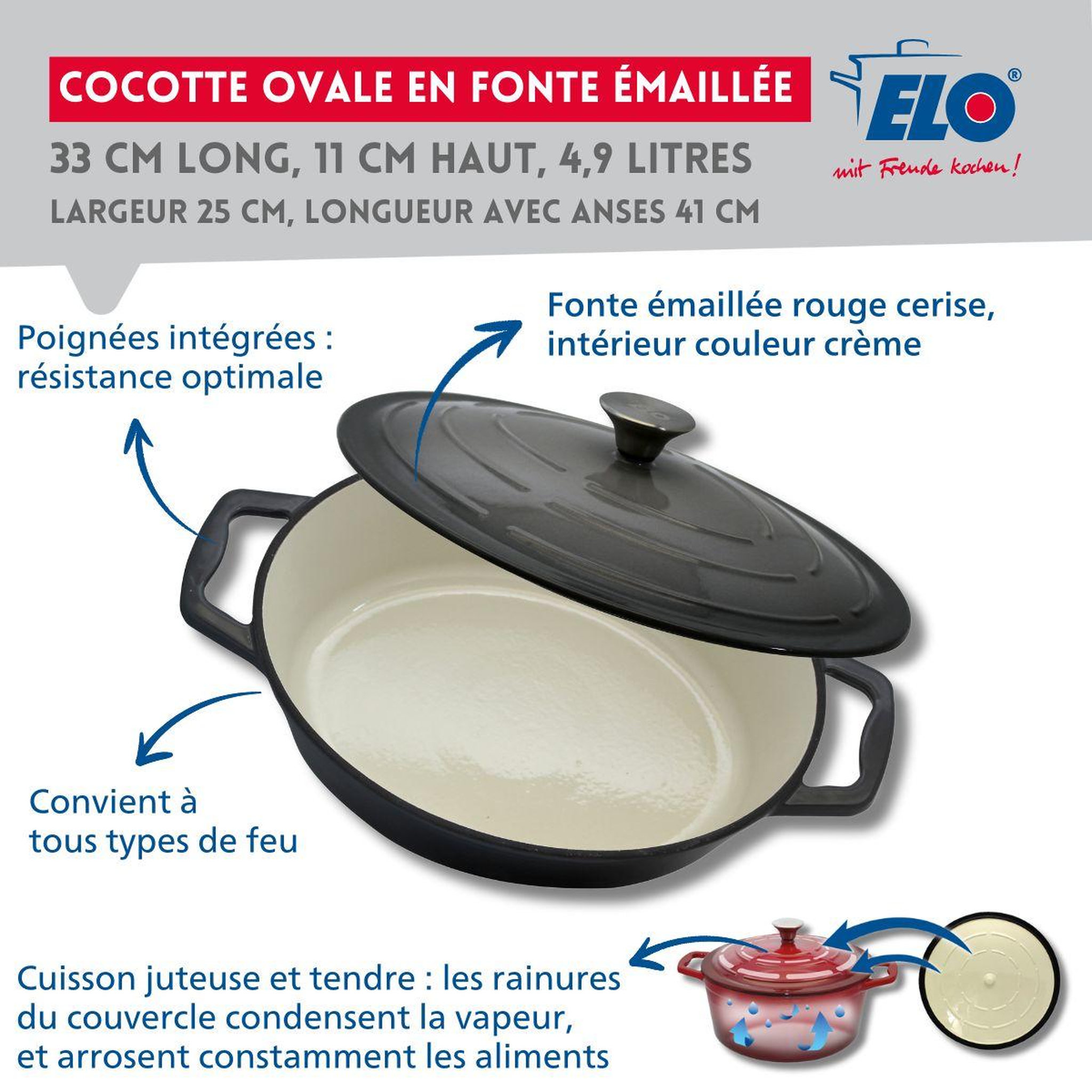 Voir la diapositive 3 : ELO Cocotte ovale en fonte émaillée 33 cm gris classique 5 l elo