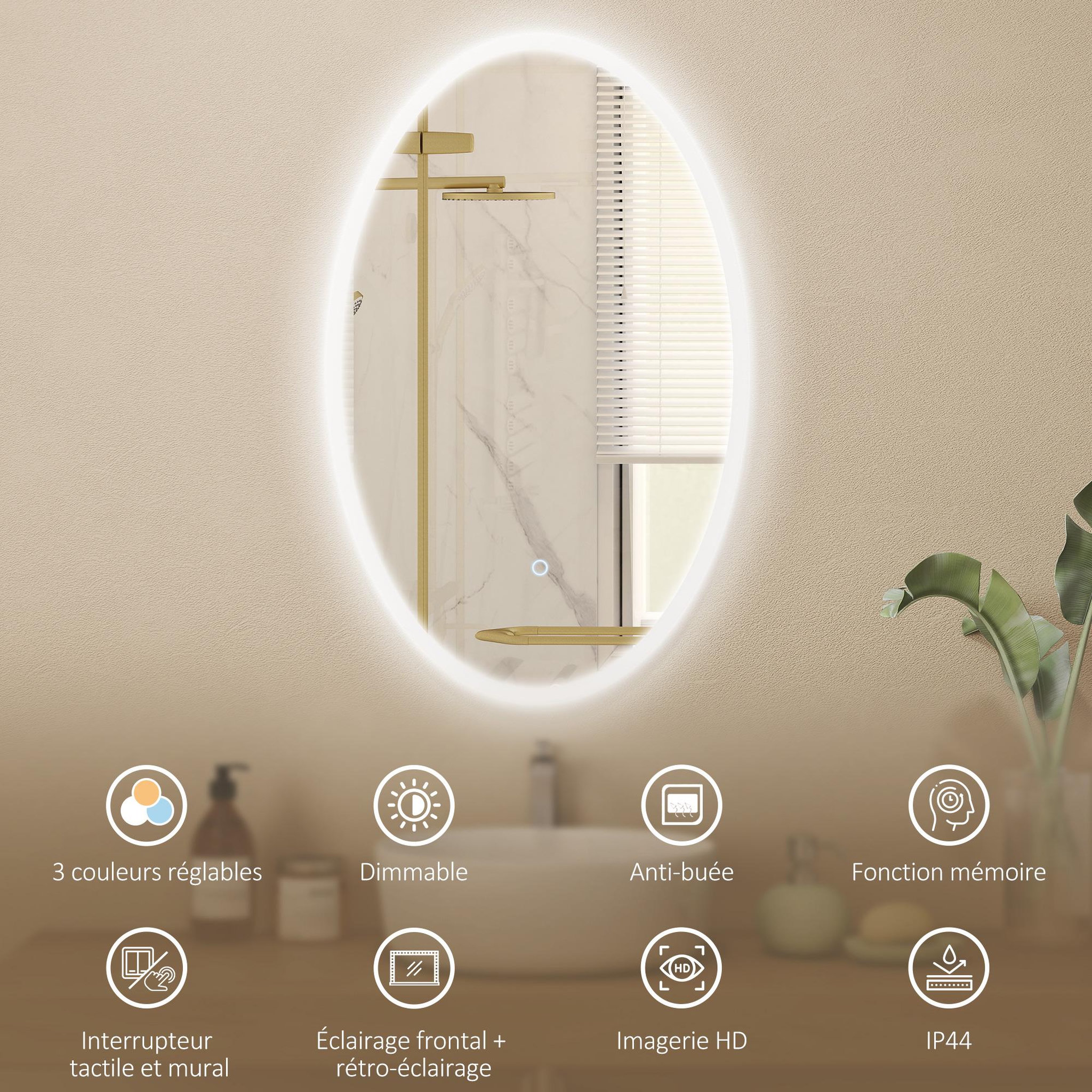 Voir la diapositive 5 : HOMCOM Miroir salle de bain led design ovale 50 x 80 cm anti-buée dimmable tactile réglable verre trempé