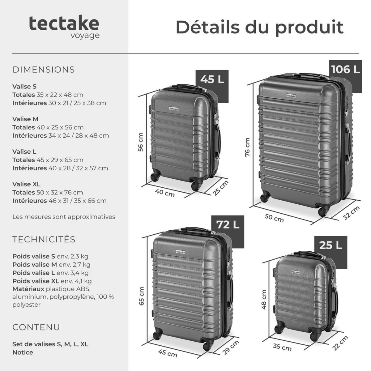 tectake Set de valises trolley rigides 4 parties, en plastique ABS robuste gris