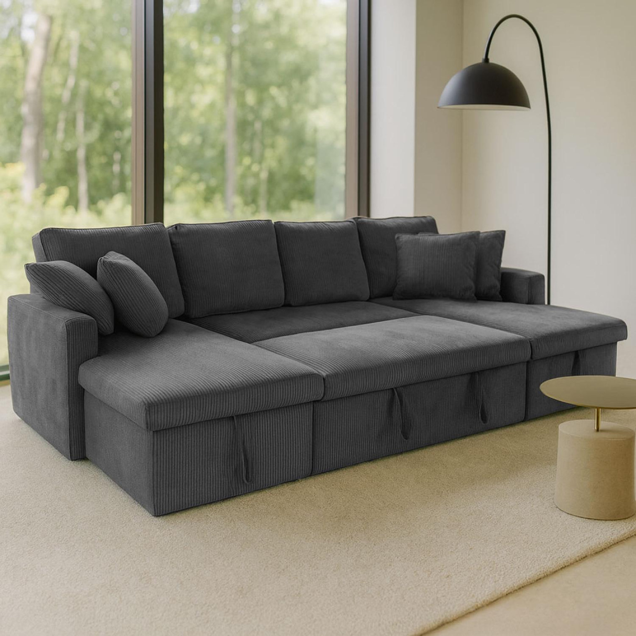 Voir la diapositive 4 : CONCEPT USINE Canapé panoramique convertible avec coffres 4 places en velours côtelé gris mahé