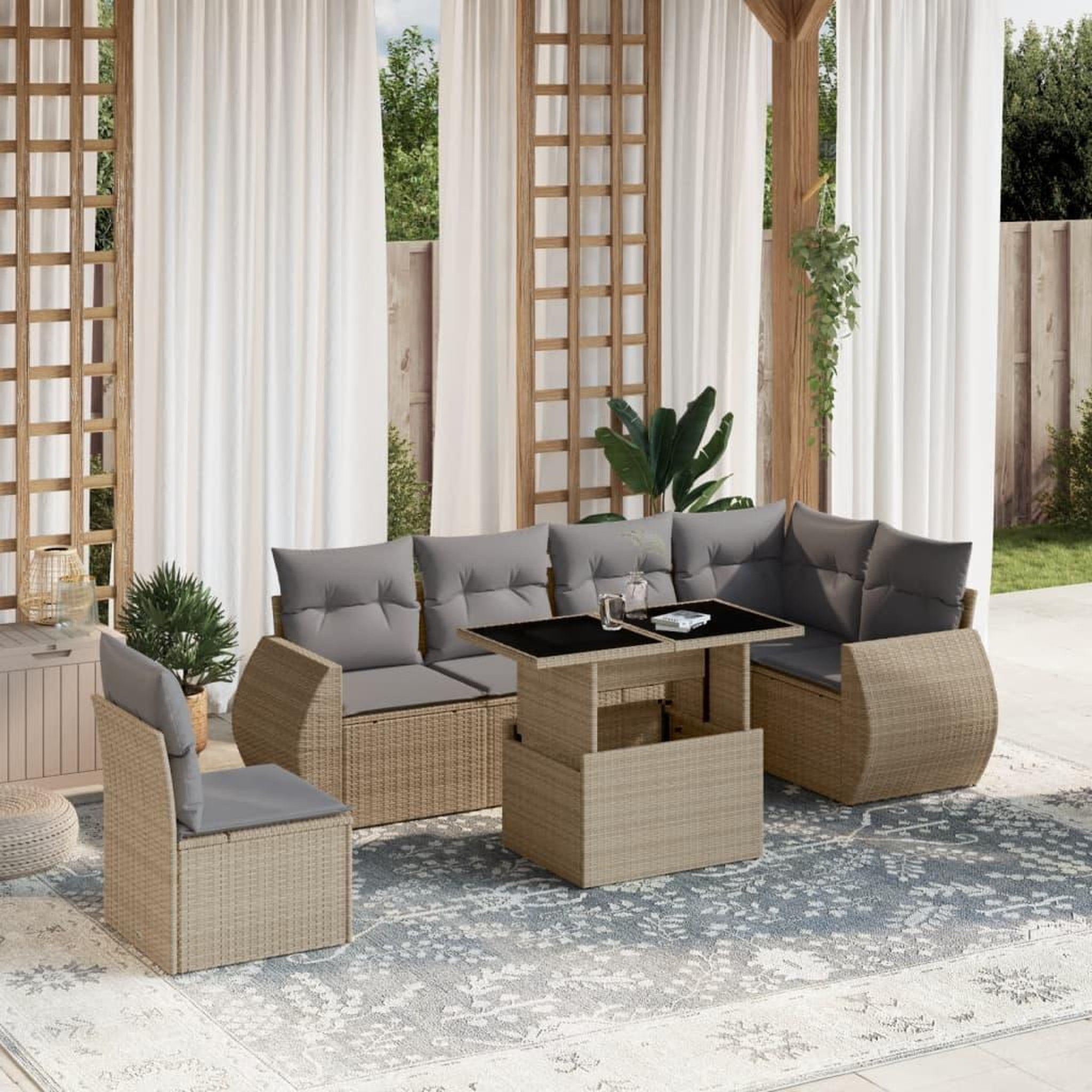 VIDAXL Salon de jardin avec coussins 7 pcs beige resine tressee