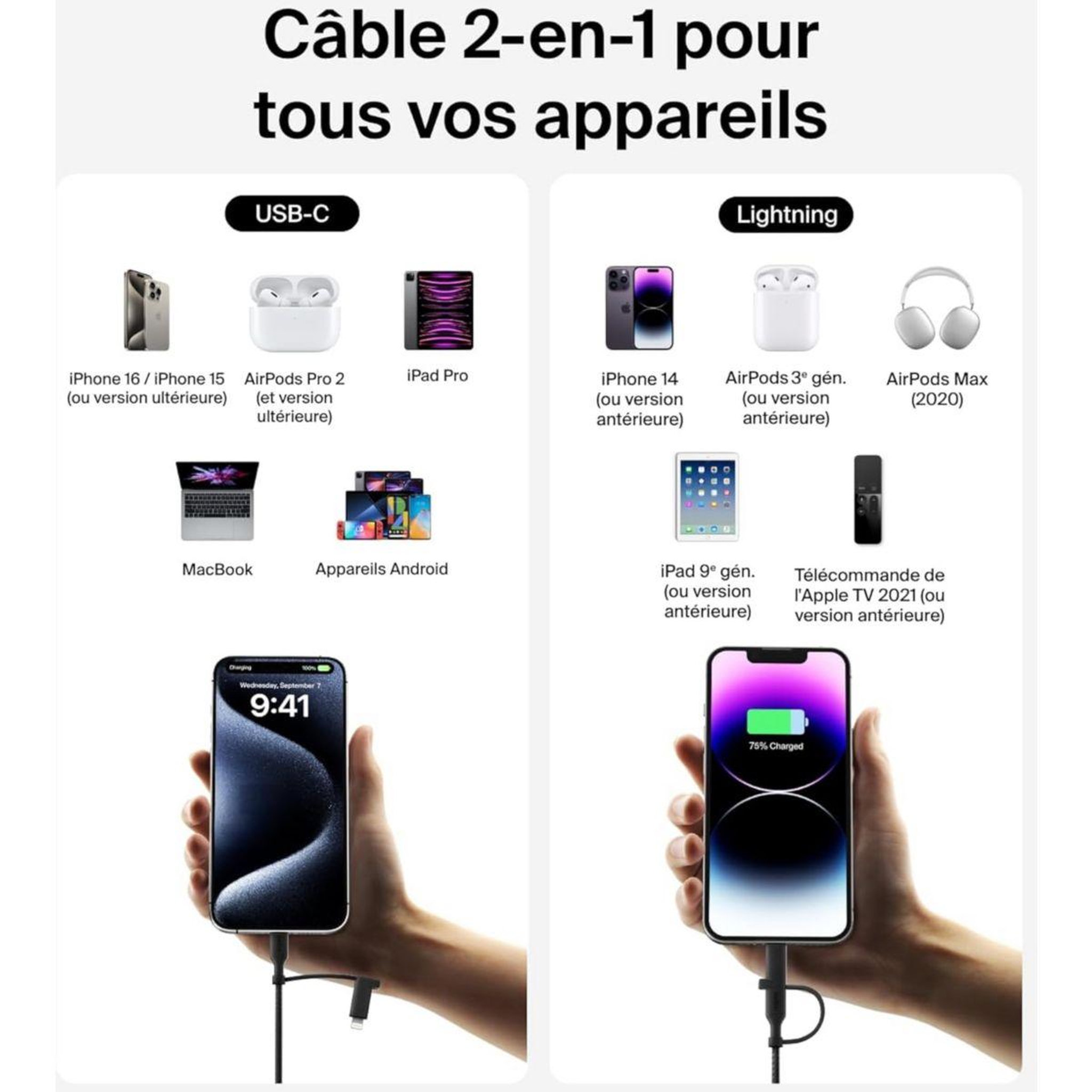 Voir la diapositive 3 : Belkin Adaptateur usb 2-en-1 usb-c et lightning 1m50 noi