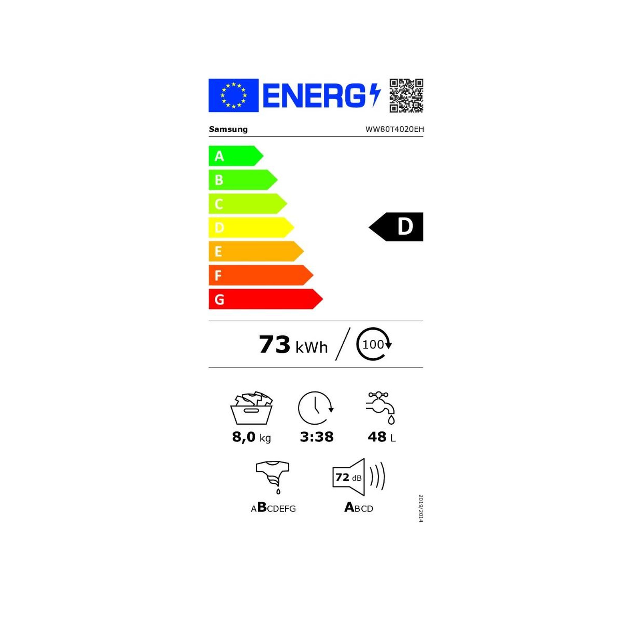 Voir la diapositive 2 : Samsung Lave-linge frontal 8 kg 1200 tours/min - WW80T4020EH