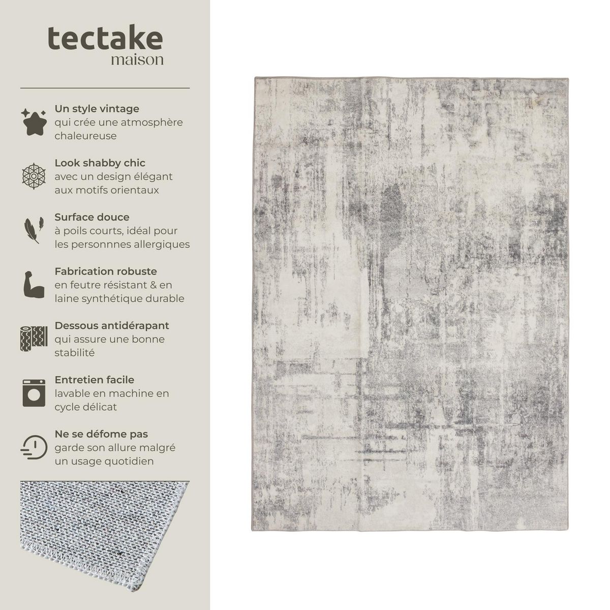 tectake Tapis design vintage à poils courts en laine synthétique et feutre beige/gris 160 x 230 cm