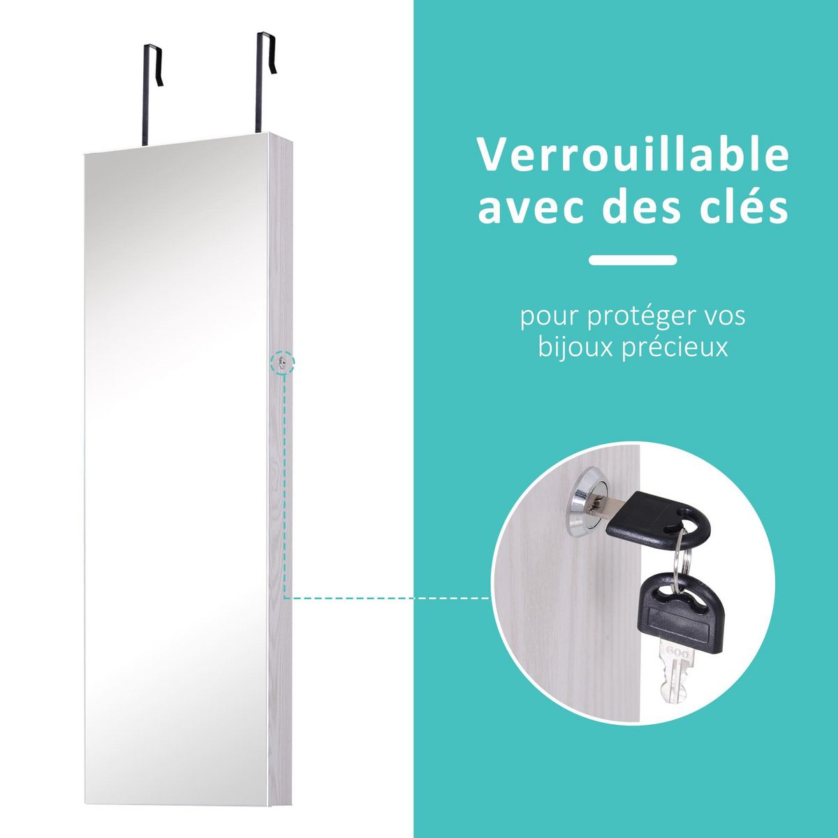 HOMCOM Armoire à bijoux miroir à suspendre 2 en 1 - éclairage LED intérieur, verrouillable, multi-rangement - blanc